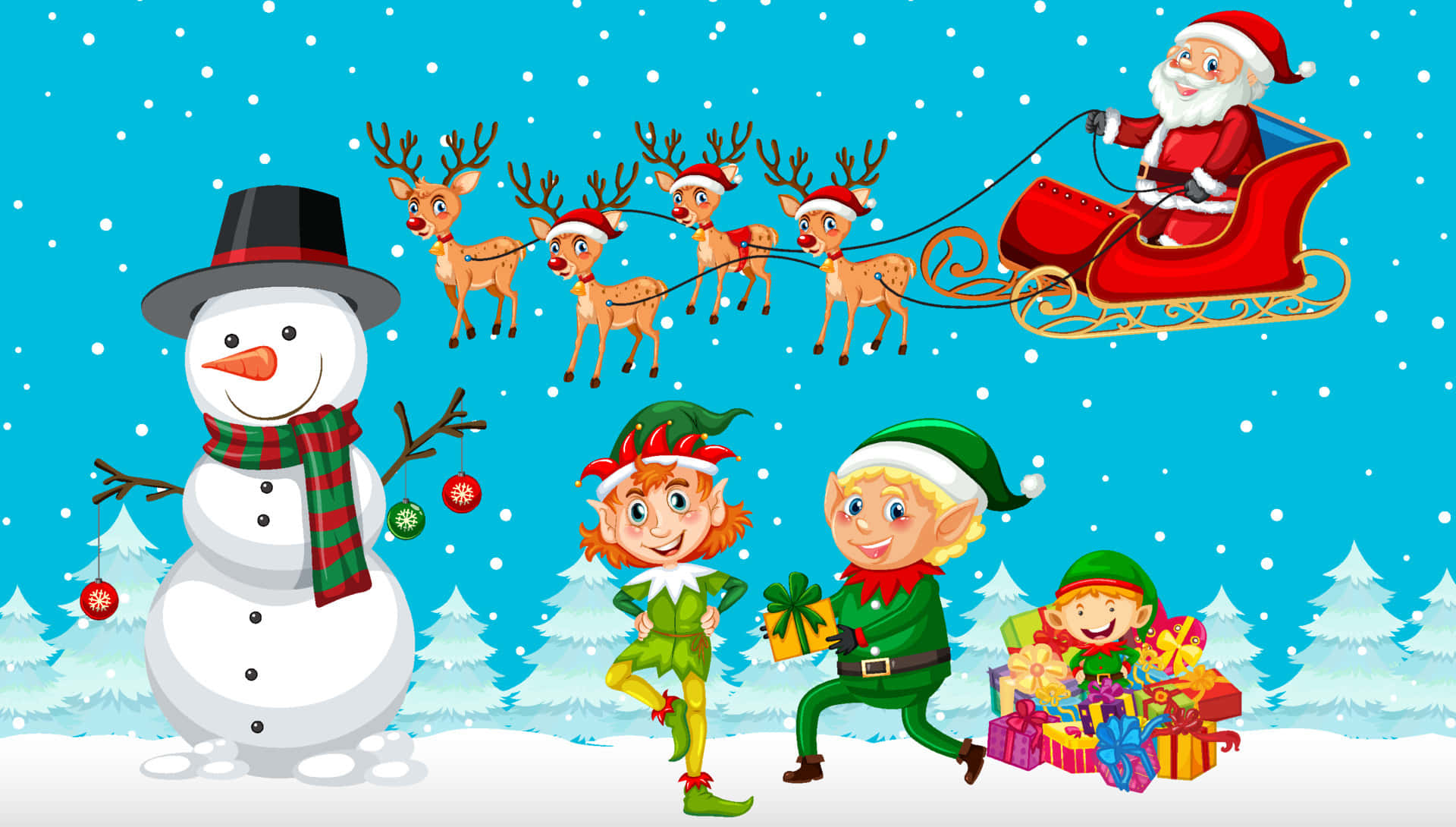 Santa Claus 桌布 壁紙 — 聖誕老人乘坐由馴鹿拉動的雪橇，飛過白雪皚皚的藍天，下方有精靈和雪人。