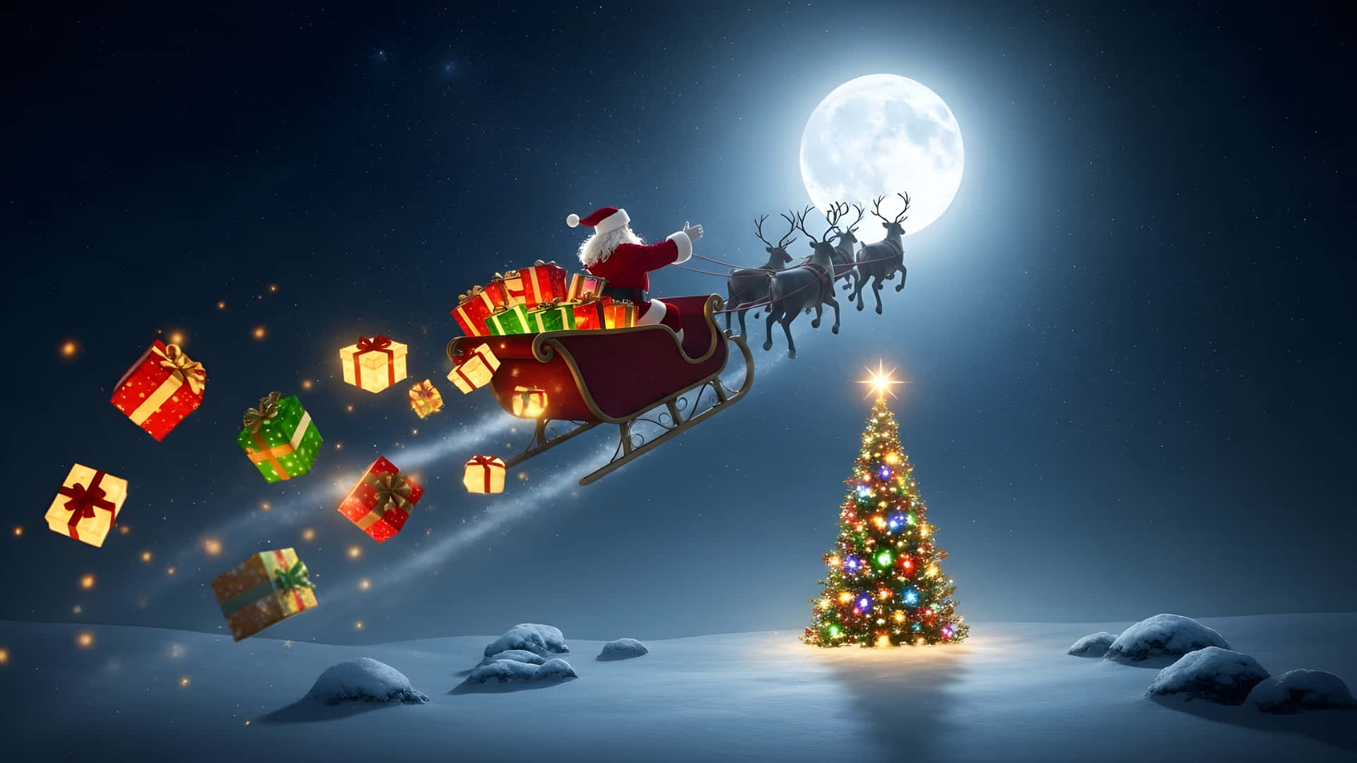 Santa claus flying with reindeer and gifts at night 壁紙 — 聖誕老人乘坐由馴鹿拉動的雪橇在滿月下飛行，在雪景中散落色彩繽紛的禮物，旁邊有發光的聖誕樹。