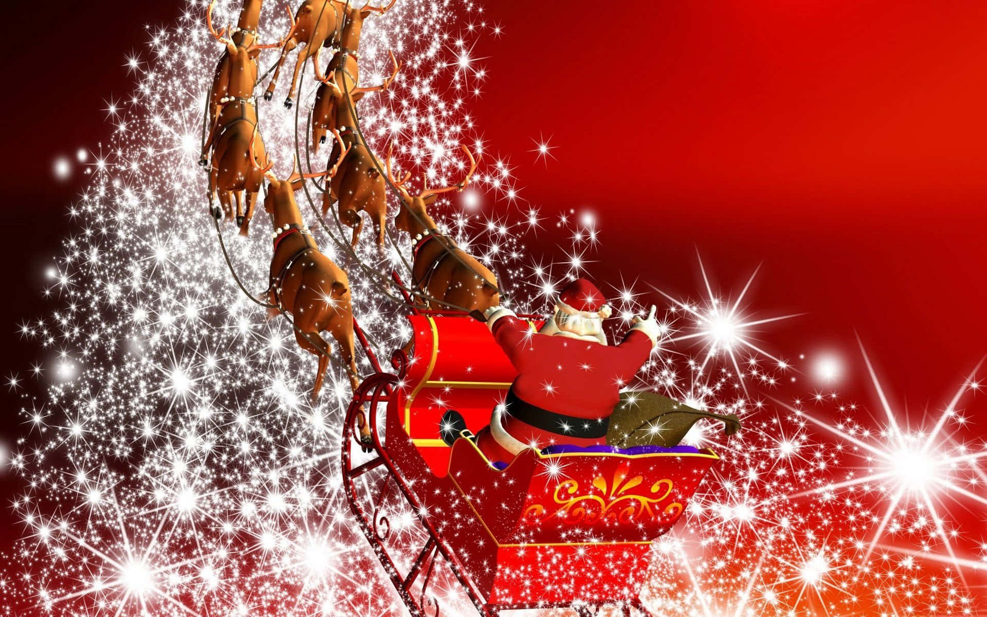 Santa Claus 桌布 壁紙 — 聖誕老人乘坐由馴鹿拉著的紅色雪橇，在閃爍的星空下飛翔，背景是鮮豔的紅色。
