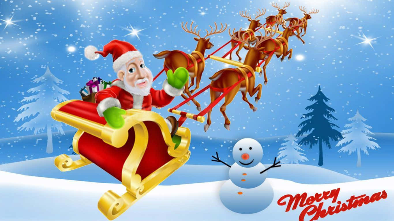 Santa Claus HD 桌布 壁紙 — 聖誕老人乘坐由馴鹿拉著的紅色雪橇，在星空藍天下飛越白雪覆蓋的山丘，下方有一個微笑的雪人。