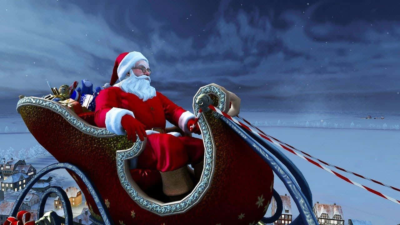 Santa 桌布 壁紙 — 聖誕老人乘坐紅色雪橇，在星空下飛越白雪覆蓋的村莊。