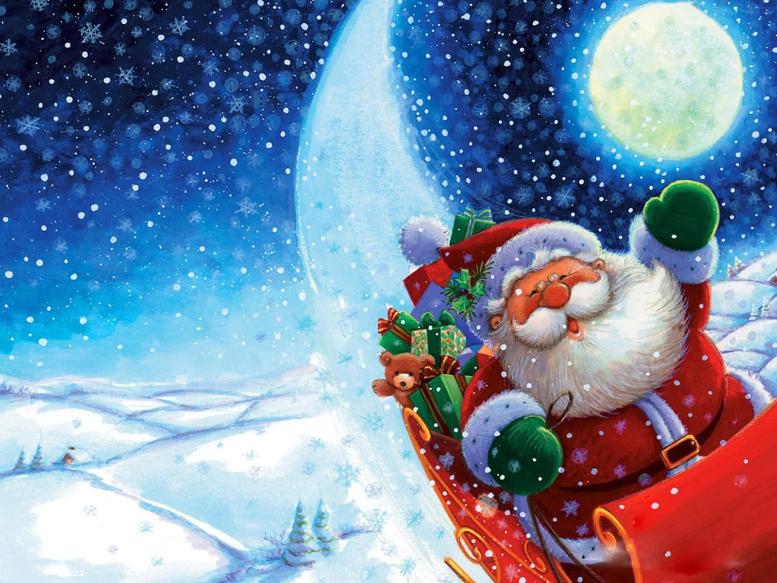 Funny Holiday Desktop 桌布 壁紙 — 聖誕老人乘坐紅色雪橇，在滿月下飛過飄雪的夜空，帶著飄落的雪花和包裝好的禮物。