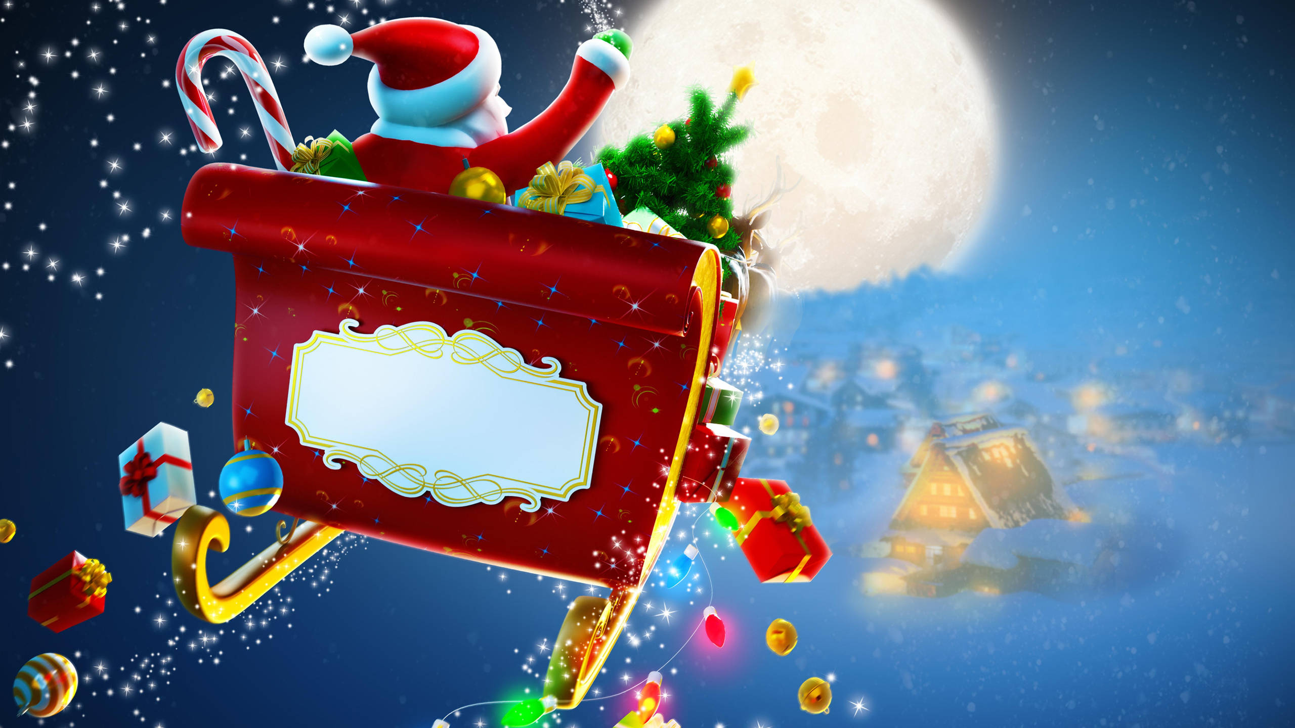 Santa Claus 桌布 壁紙 — 聖誕老人乘坐紅色雪橇，在滿月背後飛過繁星點點的夜空，周圍漂浮著禮物和拐杖糖。