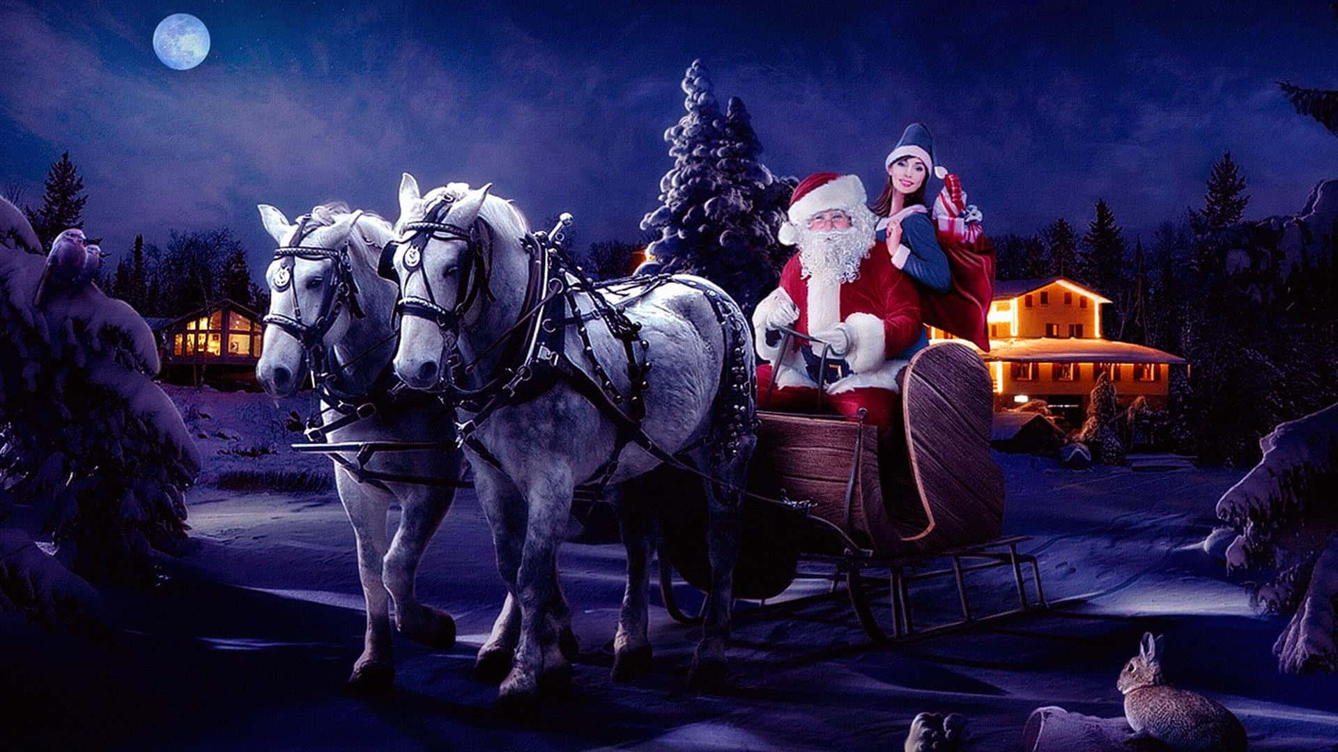 Santa Claus 桌布 壁紙 — 聖誕老人和一位女士乘坐由兩匹白馬拉動的雪橇，在滿月下穿過雪地森林。