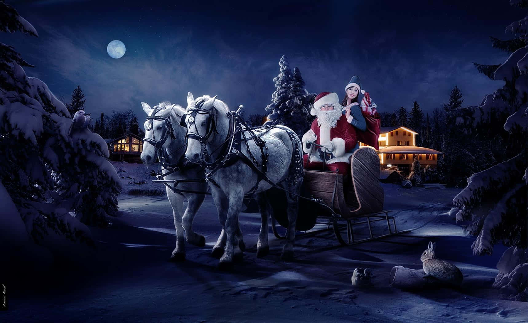 Santa Claus 桌布 壁紙 — 聖誕老人和一個女孩乘坐由兩匹白馬拉動的雪橇，在滿月下穿過雪地森林。