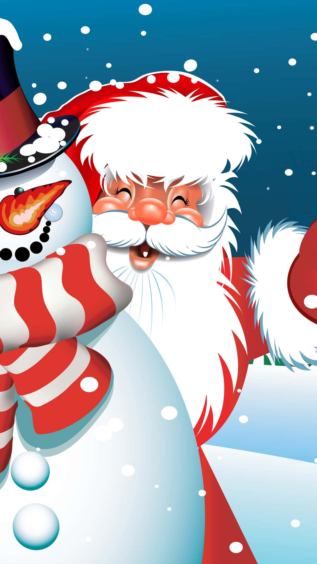 Santa 桌布 壁紙 — 聖誕老人和一個戴著拐杖糖圍巾的雪人在藍天下飄雪中分享歡樂時刻。