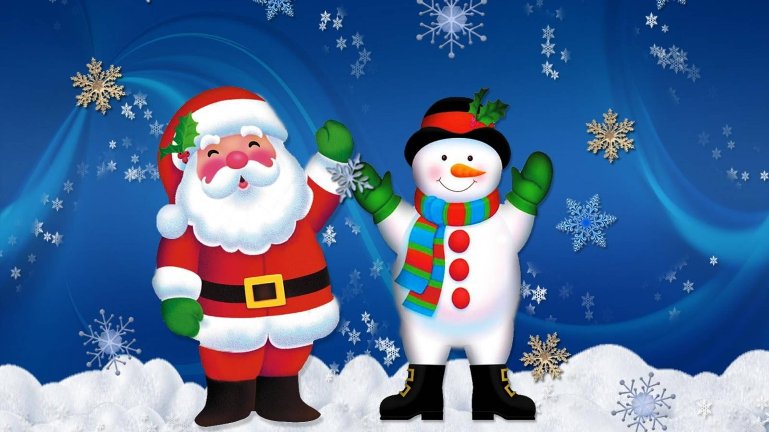 Santa Claus 桌布 壁紙 — 聖誕老人和一個開心的雪人一起在佈滿閃爍雪花的旋轉藍天下揮手。