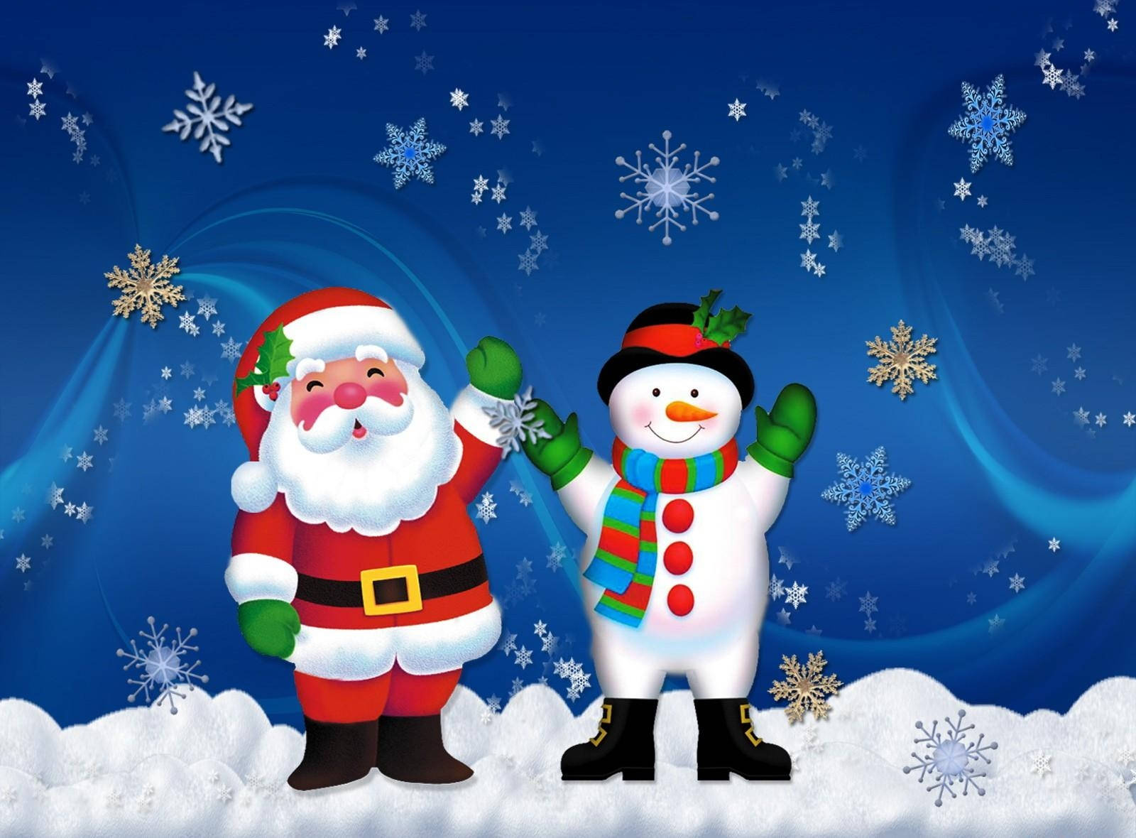 雪人 桌布 壁紙 — 聖誕老人和一個開心的雪人一起在充滿閃爍雪花的旋轉藍天中揮手。