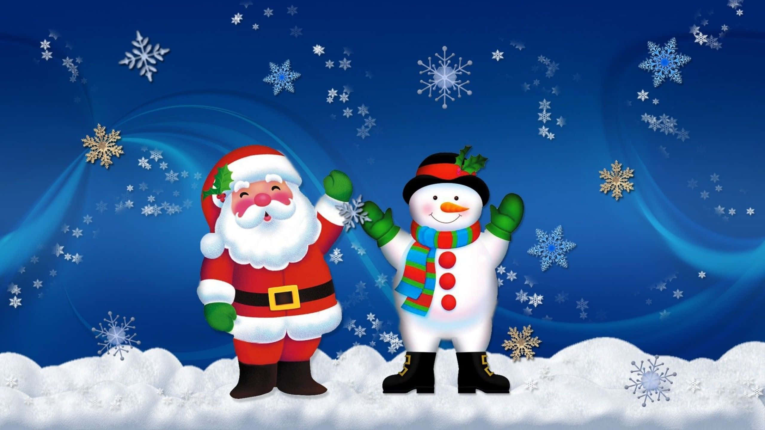 Santa Claus HD 桌布 壁紙 — 聖誕老人和一個開心的雪人在佈滿閃爍雪花的藍天下，於雪景中一起揮手。
