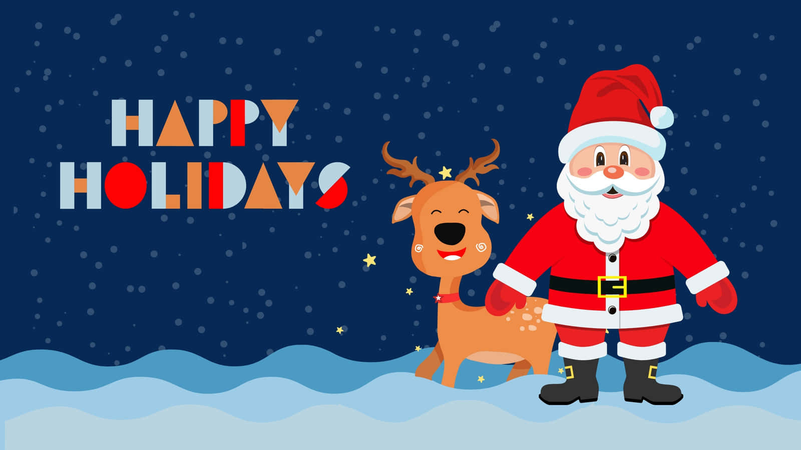 桌布 壁紙 — 聖誕老人和一隻微笑的馴鹿站在雪波中，星空下，並有「HAPPY HOLIDAYS」文字。