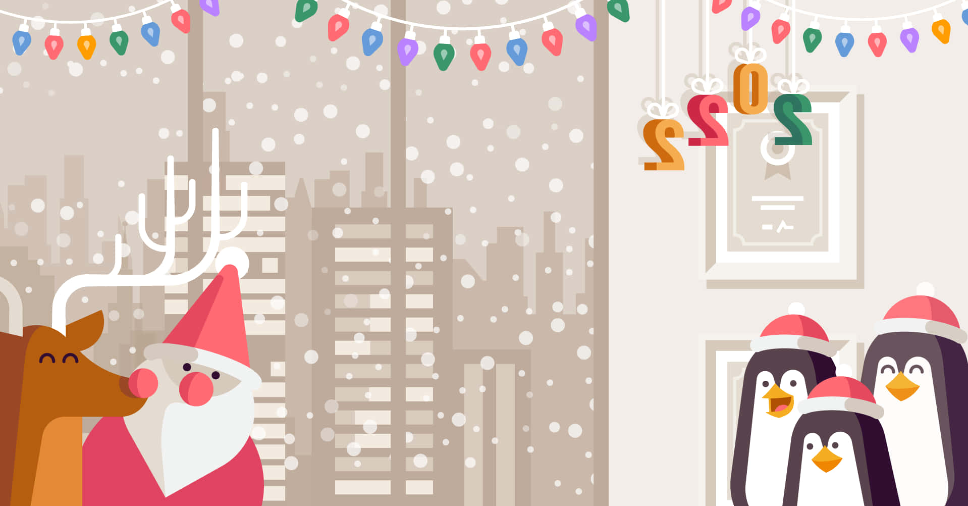 Teams Christmas 桌布 壁紙 — 聖誕老人和一隻馴鹿共享一個雪景城市景觀，有戴聖誕帽的企鵝和節日燈飾。