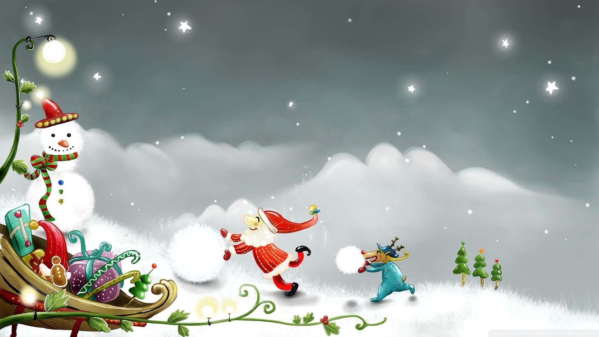 雪 桌布 壁紙 — 聖誕老人和一隻馴鹿在星光燦爛的夜空下，歡快地跑過白雪皚皚的山坡，一個雪人從雪橇上觀看。