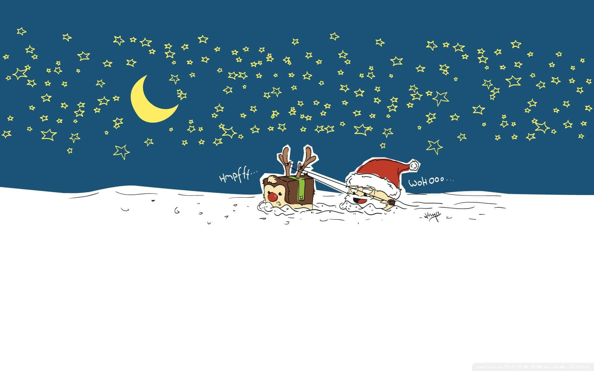 Santa Claus 桌布 壁紙 — 聖誕老人和一隻馴鹿在星夜和彎月下，艱難地穿越雪地。