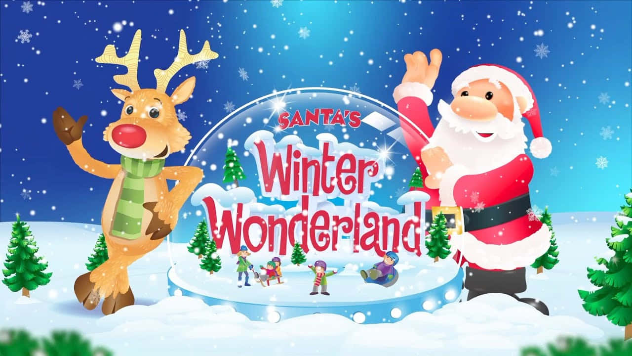 聖誕節 桌布 壁紙 — 聖誕老人和一隻馴鹿在白雪皚皚的冬日仙境中愉快地揮手，孩子們在飄落的雪花下滑雪橇。