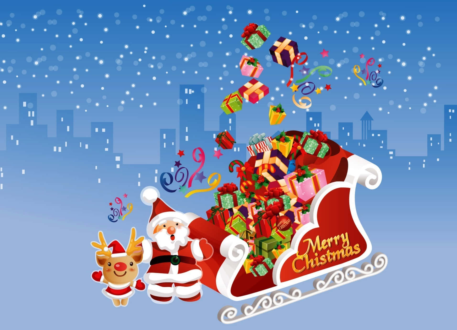 Santa Claus 桌布 壁紙 — 聖誕老人和一隻馴鹿在雪夜的城市天際線背景下，愉快地從雪橇上卸下滿溢的禮物。