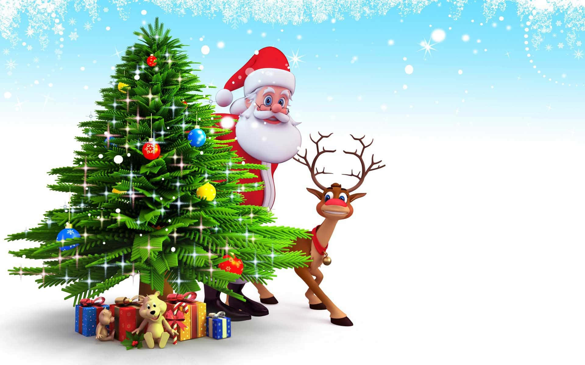 3d Christmas 桌布 壁紙 — 聖誕老人和一隻馴鹿站在一棵裝飾華麗的聖誕樹旁，樹上掛滿禮物和閃爍的燈光。