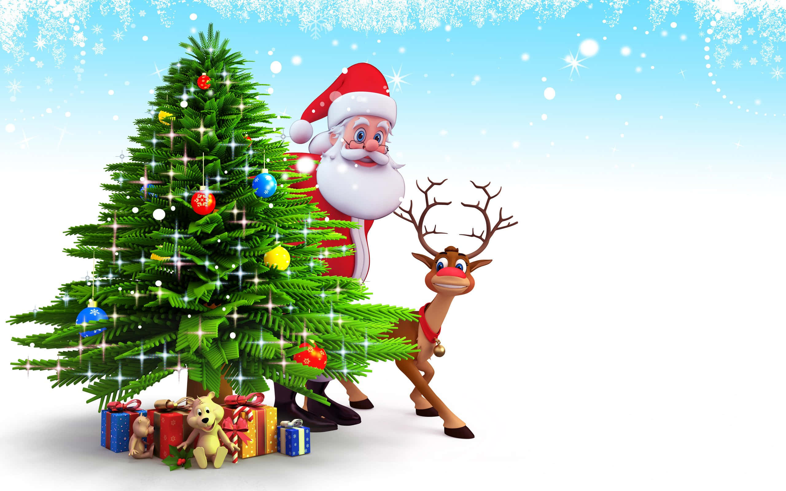 Santa 桌布 壁紙 — 聖誕老人和一隻馴鹿站在裝飾好的聖誕樹旁，樹下有禮物和閃爍的雪花，背景是明亮的藍天。