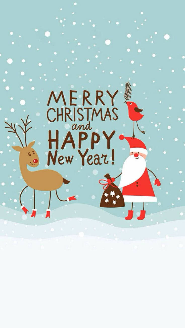 Cute Merry Christmas 桌布 壁紙 — 聖誕老人和一隻馴鹿站在飄落的雪中，一隻紅鳥棲息在附近，下方有節日祝福語。