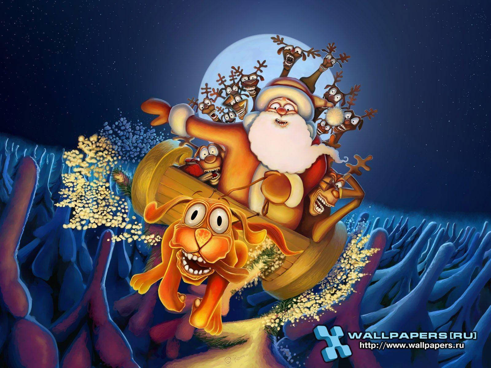 Santa Claus 桌布 壁紙 — 聖誕老人和他的馴鹿快樂地乘坐雪橇，穿過繁星點點的夜空，身後有一輪明月。