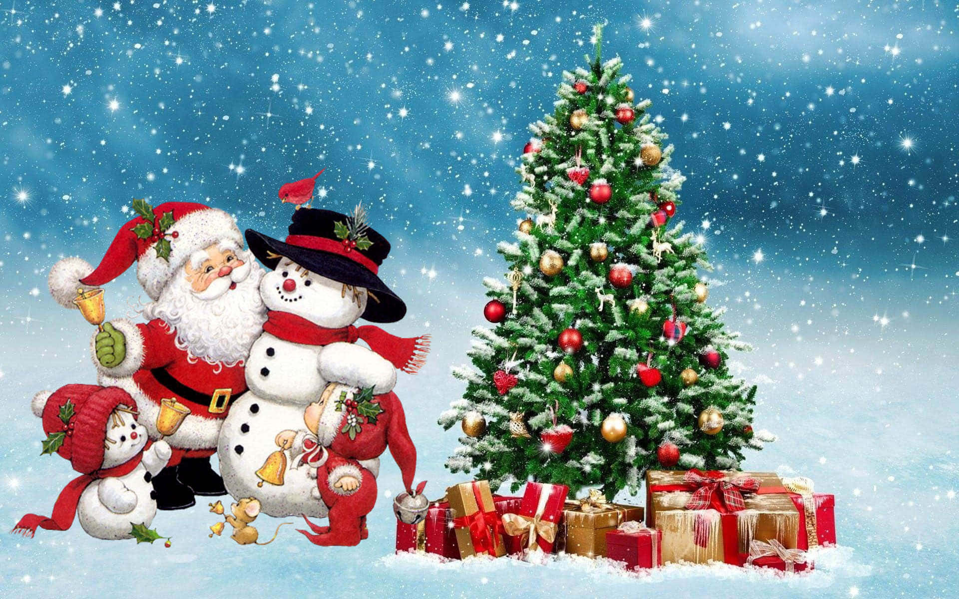 聖誕樹動畫 桌布 壁紙 — 聖誕老人和兩個穿著節日紅色服裝的雪人站在裝飾好的聖誕樹旁，雪花飄落。