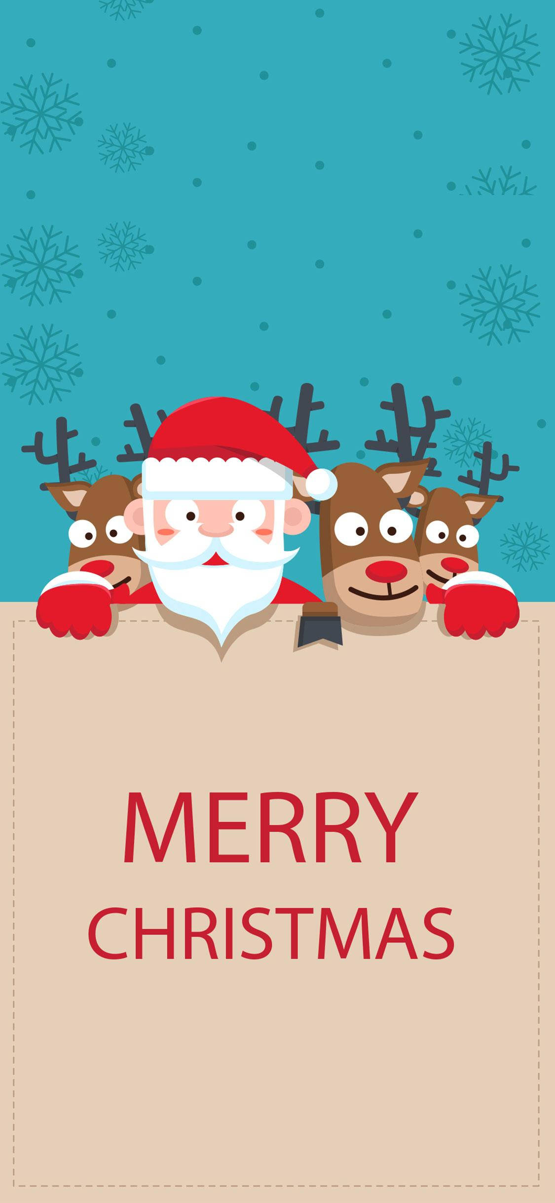 Santa Claus 桌布 壁紙 — 聖誕老人和兩隻馴鹿從一個米色橫幅上方探出頭來，橫幅上寫著「MERRY CHRISTMAS」，背景是帶有雪花的藍綠色。