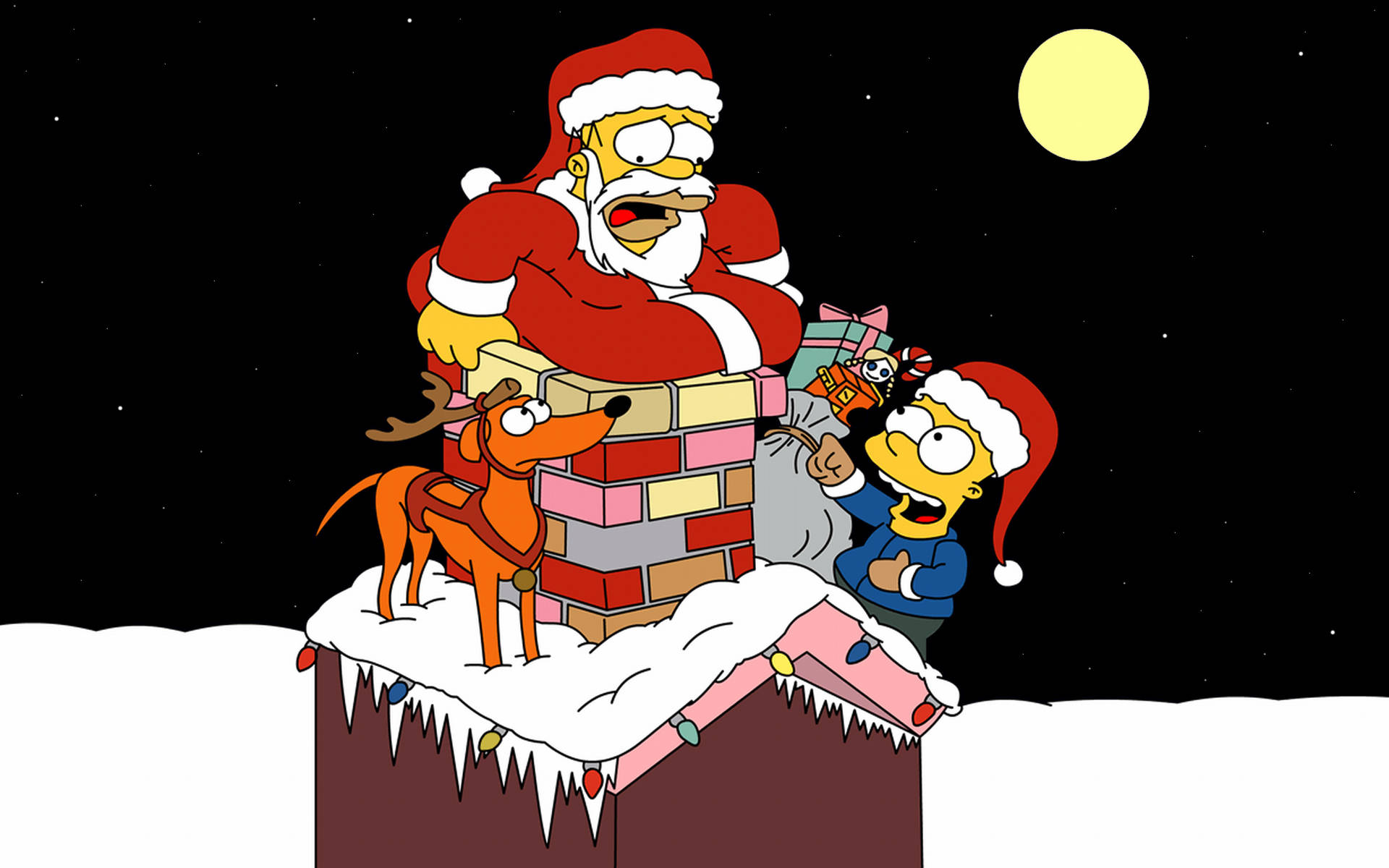 homer 桌布 壁紙 — 聖誕老人和巴特·辛普森戴著節日紅帽，在黃色月亮下，夜晚爬上有雪的煙囪，帶著馴鹿和禮物。