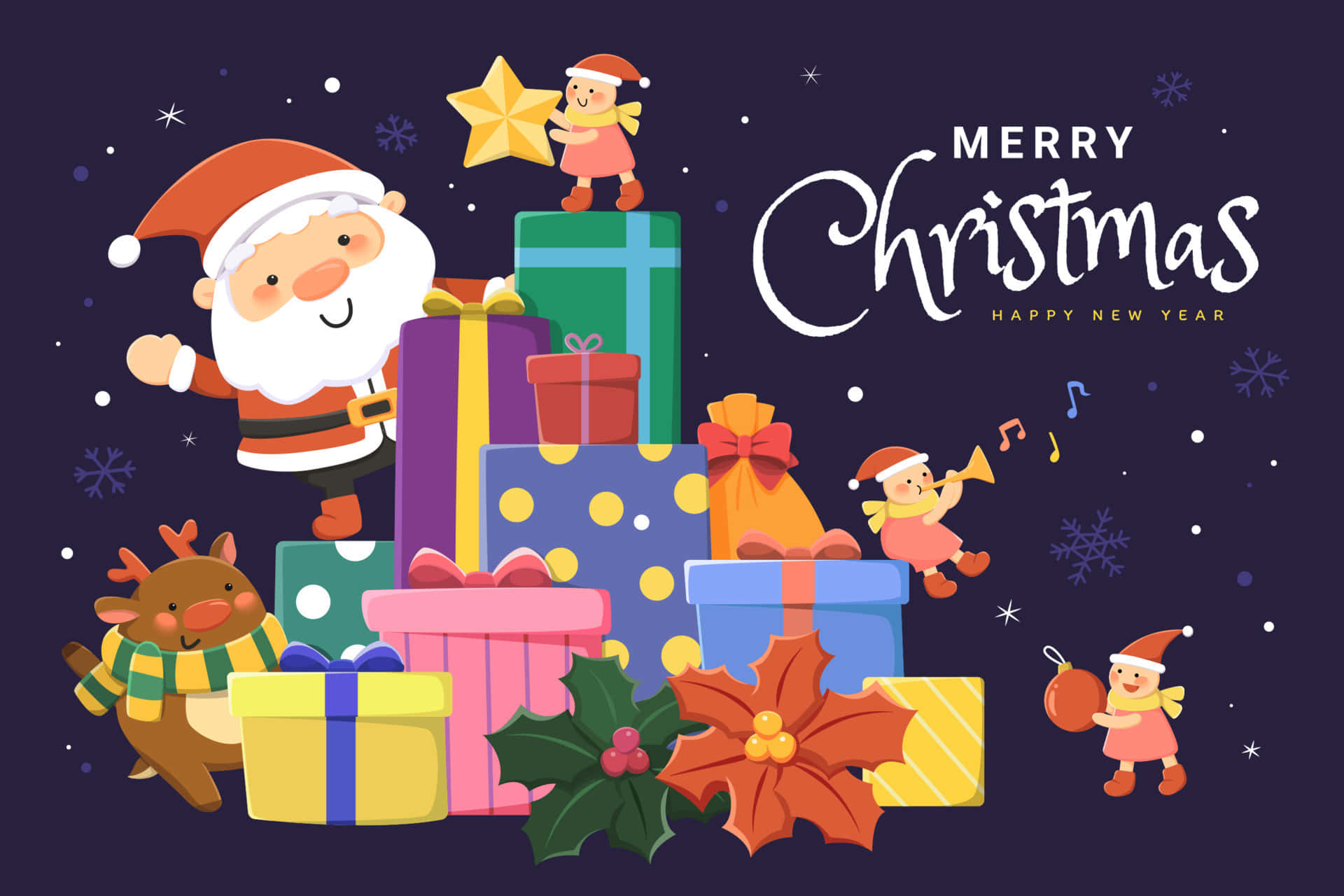 Santa Claus 桌布 壁紙 — 聖誕老人和節日精靈們快樂地圍繞著一堆色彩繽紛的包裝禮物，在繁星點點的冬夜天空下。