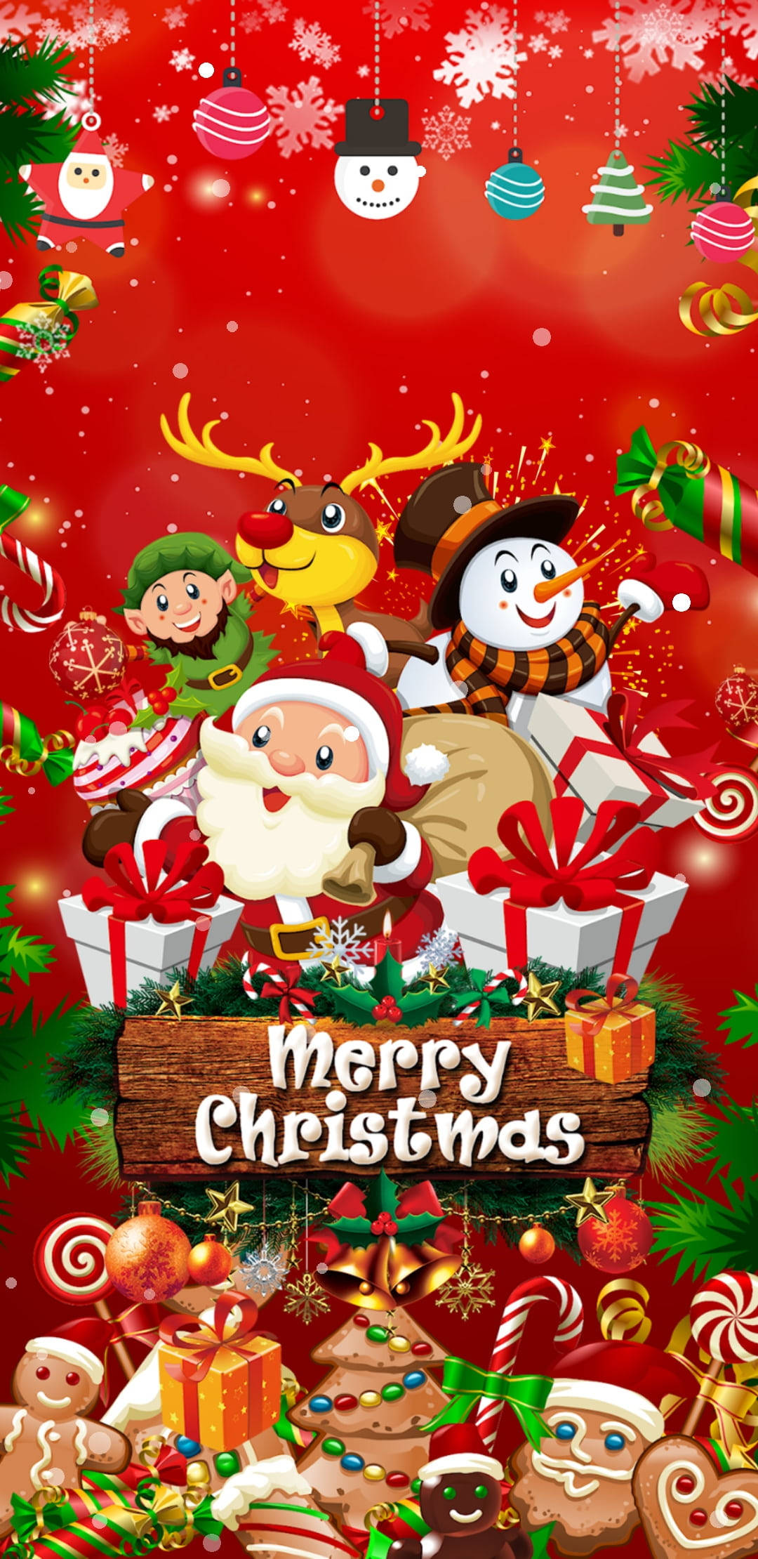 Cute Merry Christmas 桌布 壁紙 — 聖誕老人和節日角色如馴鹿和雪人，被禮物、拐杖糖和裝飾品環繞在鮮豔的紅色背景上。