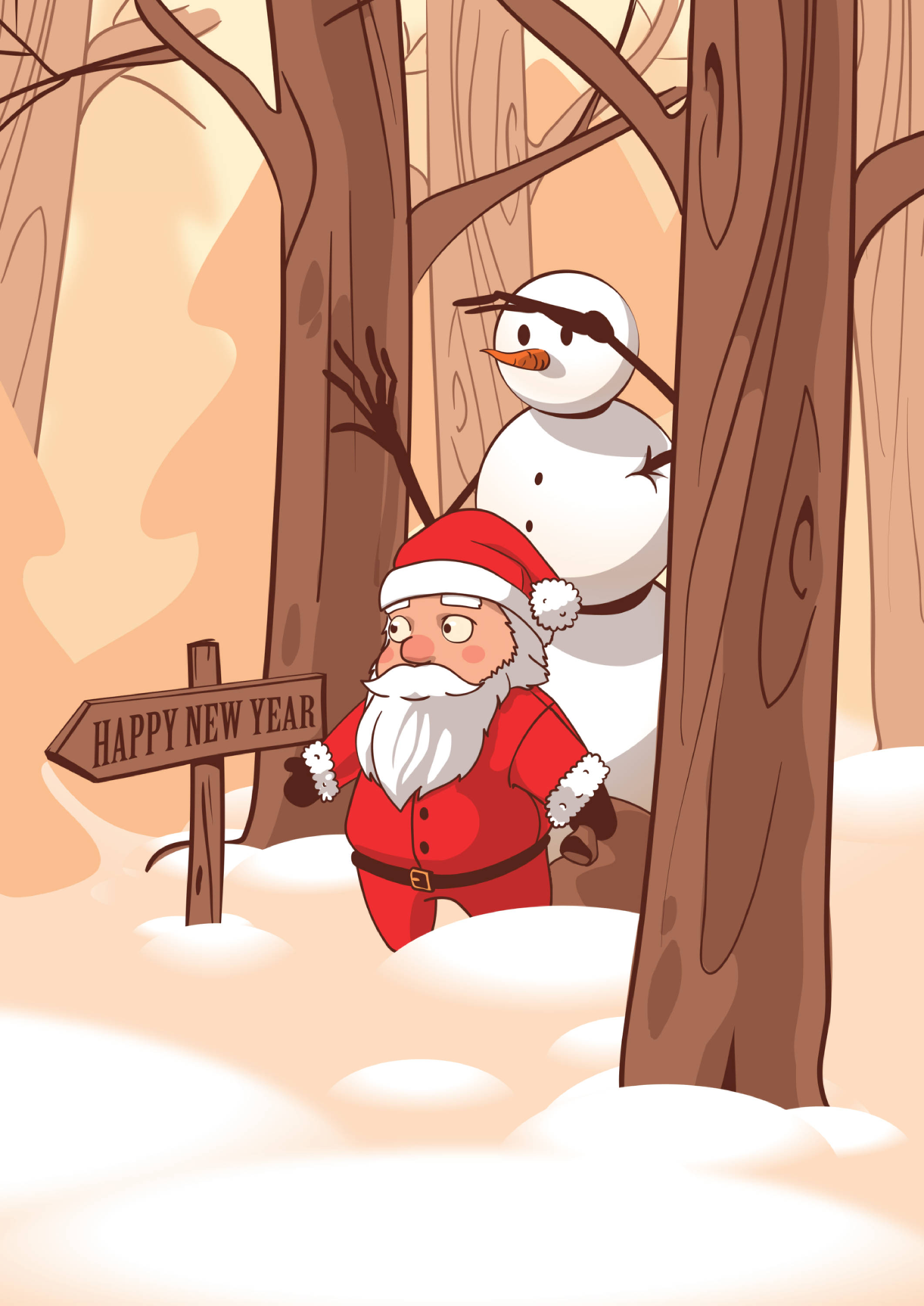 雪人 桌布 壁紙 — 聖誕老人和雪人從雪森林的樹後探出頭來，旁邊有一個「新年快樂」的標誌。