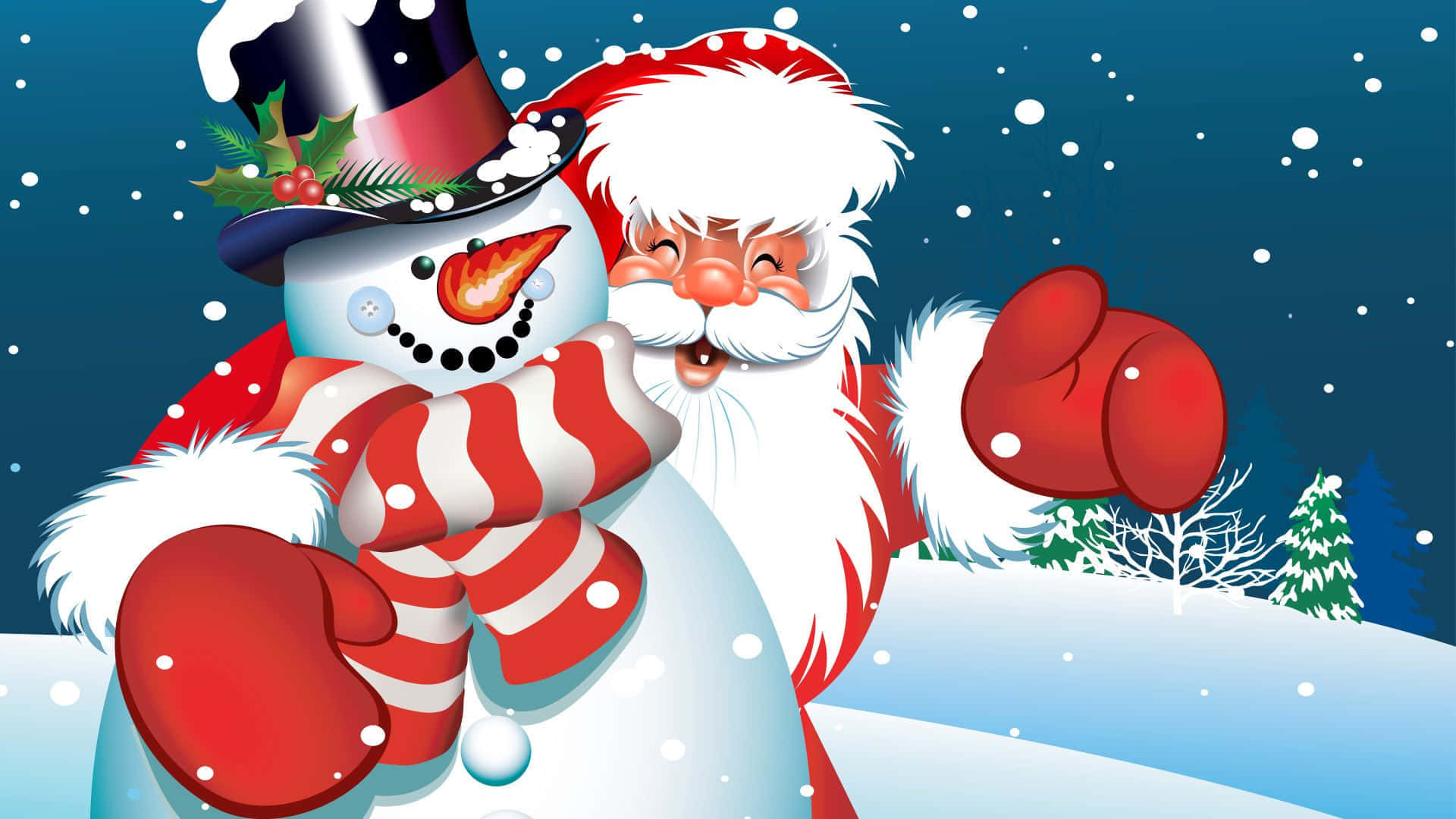 3d Christmas 桌布 壁紙 — 聖誕老人和雪人穿著喜慶的紅色和白色裝備，在飄雪的冬日背景下溫暖地擁抱。