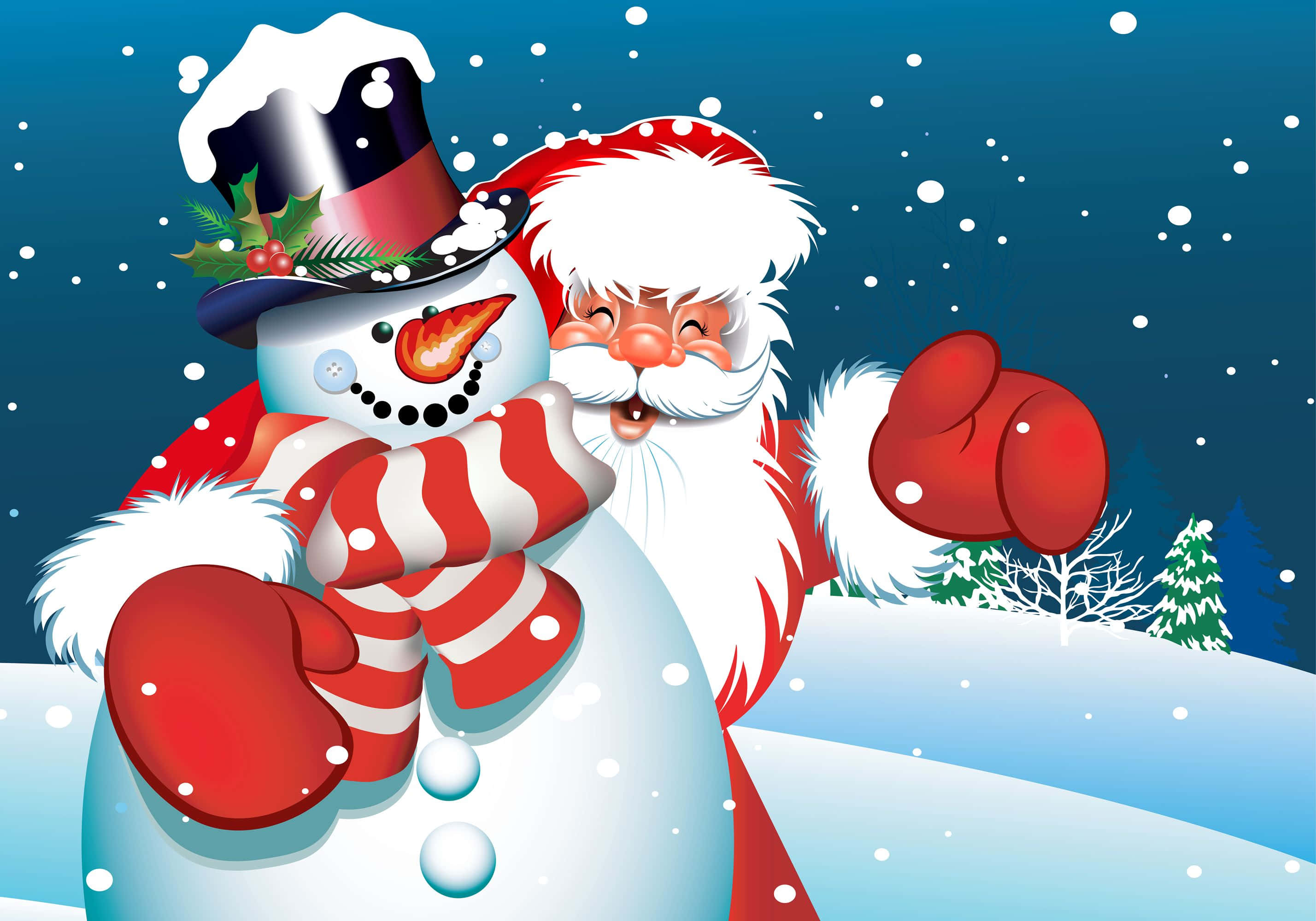 Santa Claus 桌布 壁紙 — 聖誕老人和雪人穿著節慶紅色裝備，在飄雪中於雪白的冬季景觀中溫暖擁抱。
