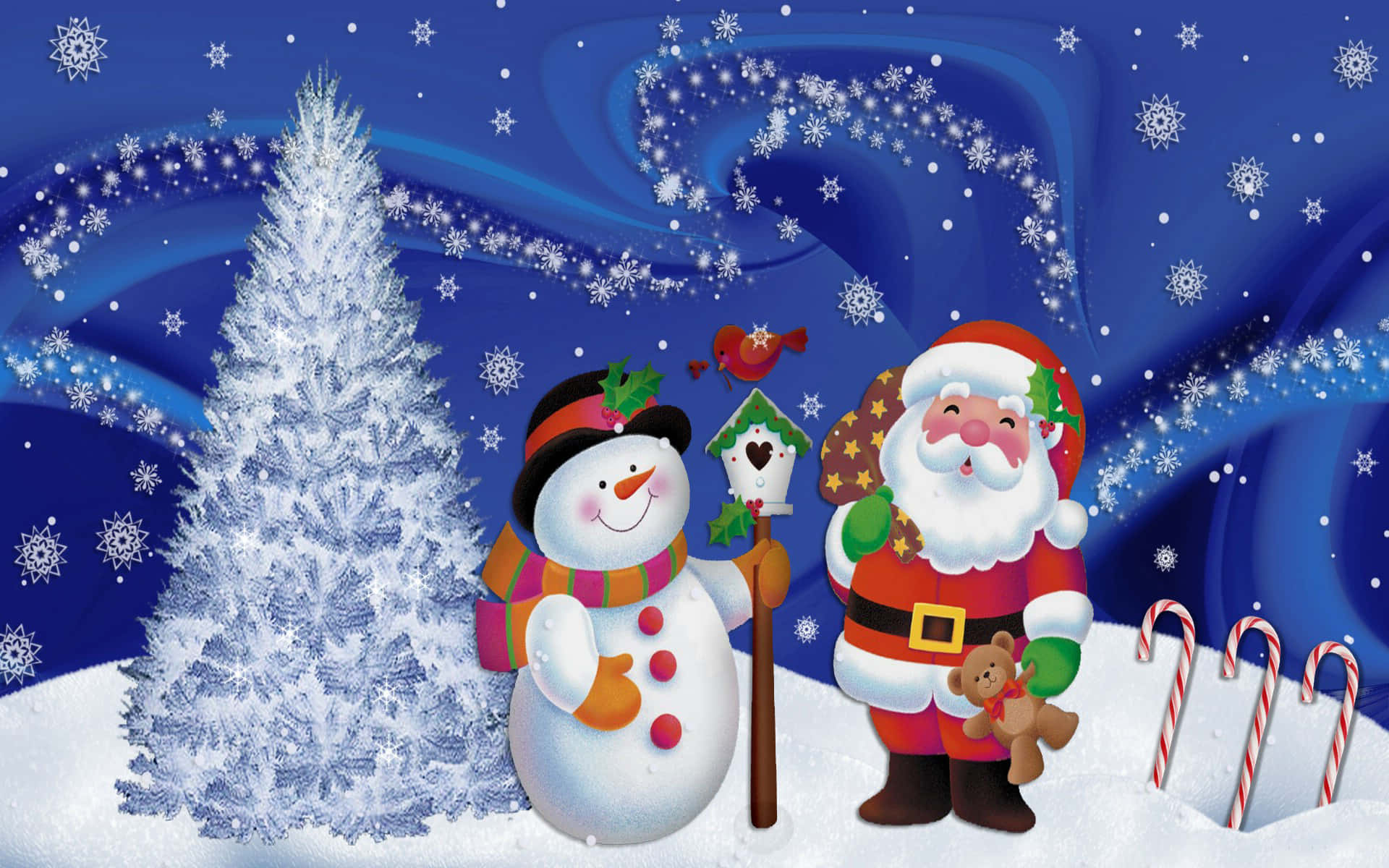 3d Christmas 桌布 壁紙 — 聖誕老人和雪人站在一棵積雪的松樹旁，天空旋轉著藍色，充滿飄落的雪花和拐杖糖。