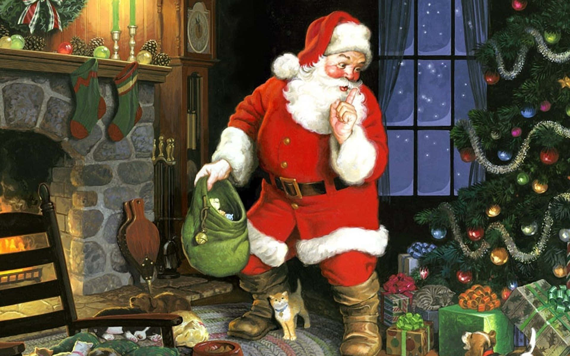 Santa 桌布 壁紙 — 聖誕老人在一個舒適的壁爐房間裡，夜晚拿著一個袋子，在裝飾好的聖誕樹旁低聲說著秘密。