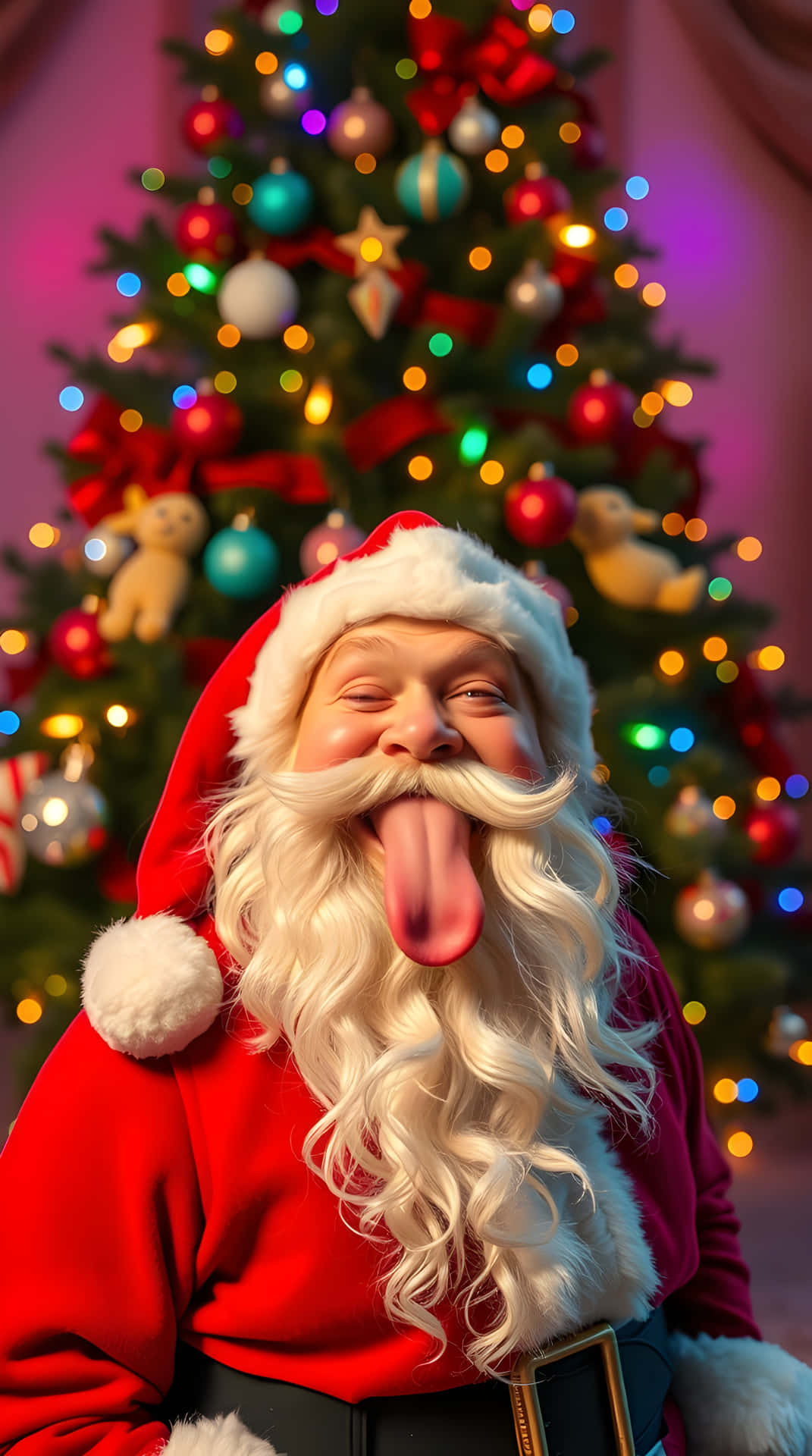 Funny Santa Sticking Tongue Out Christmas Wallpaper 4K with Tree Lights 壁紙 — 聖誕老人在一個裝飾著色彩繽紛的飾物和閃爍燈光的明亮聖誕樹前面，頑皮地伸出舌頭。