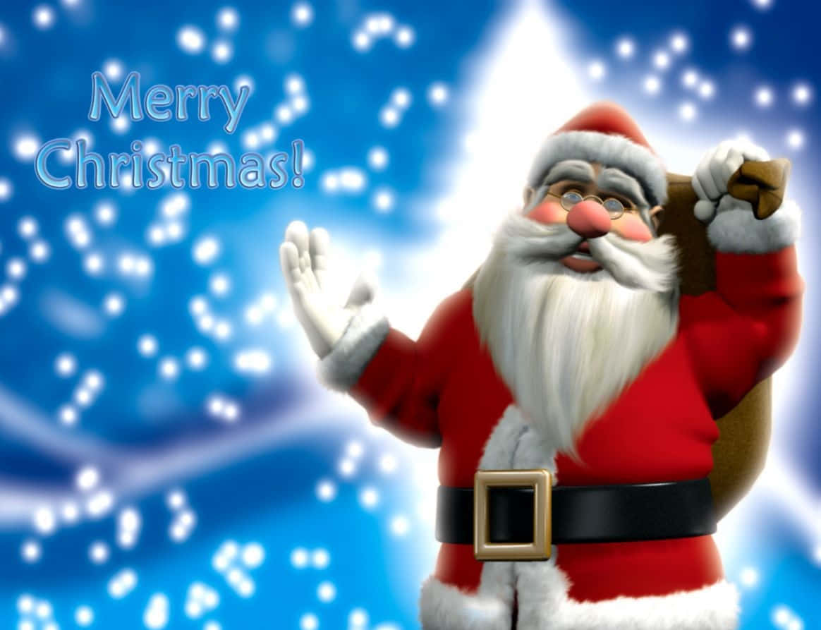 Christmas Movie 桌布 壁紙 — 聖誕老人在明亮的藍色雪景背景中，隨著飄落的雪花和「聖誕快樂！」的祝福，愉快地揮手。