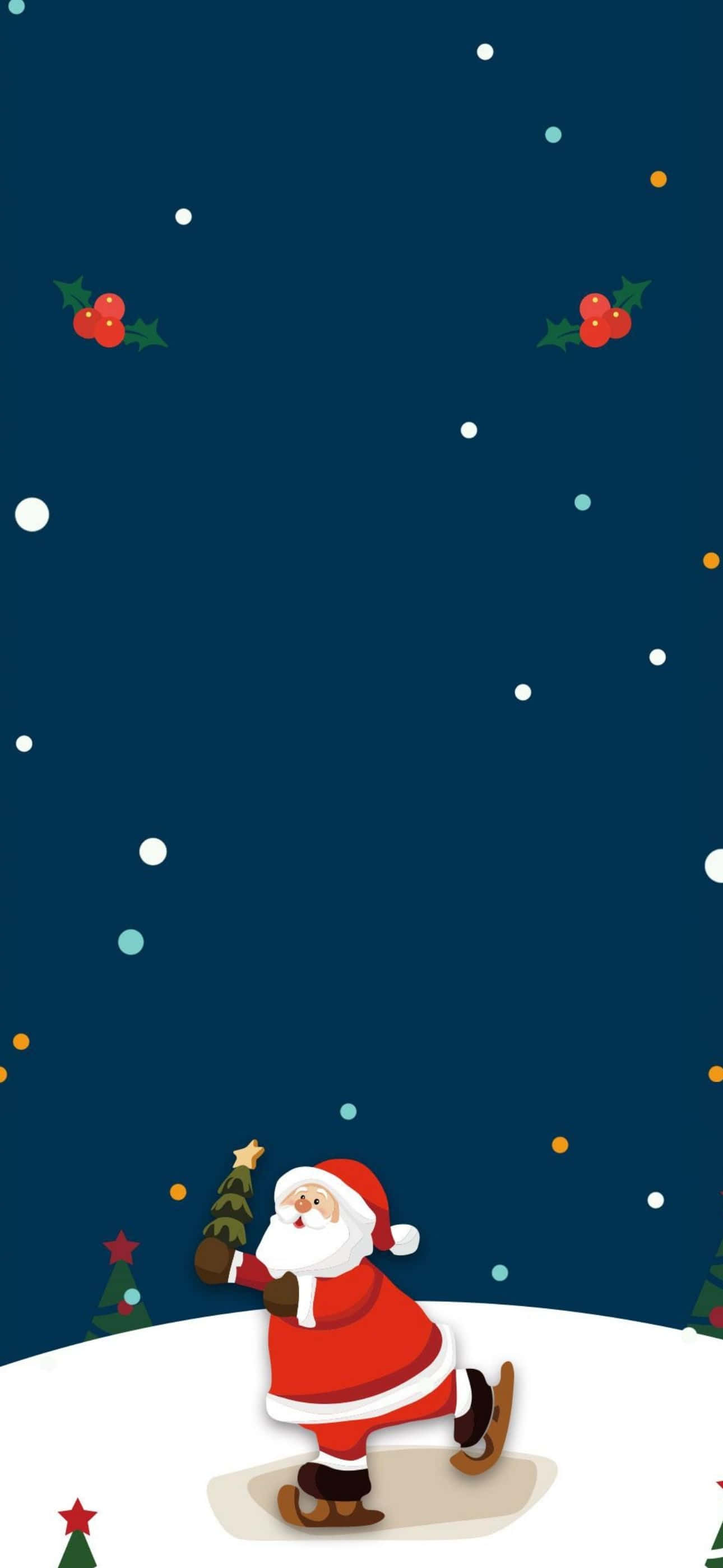 聖誕節 iPhone 桌布 壁紙 — 聖誕老人在星光熠熠的夜空下，在雪地上溜冰，周圍點綴著冬青果。
