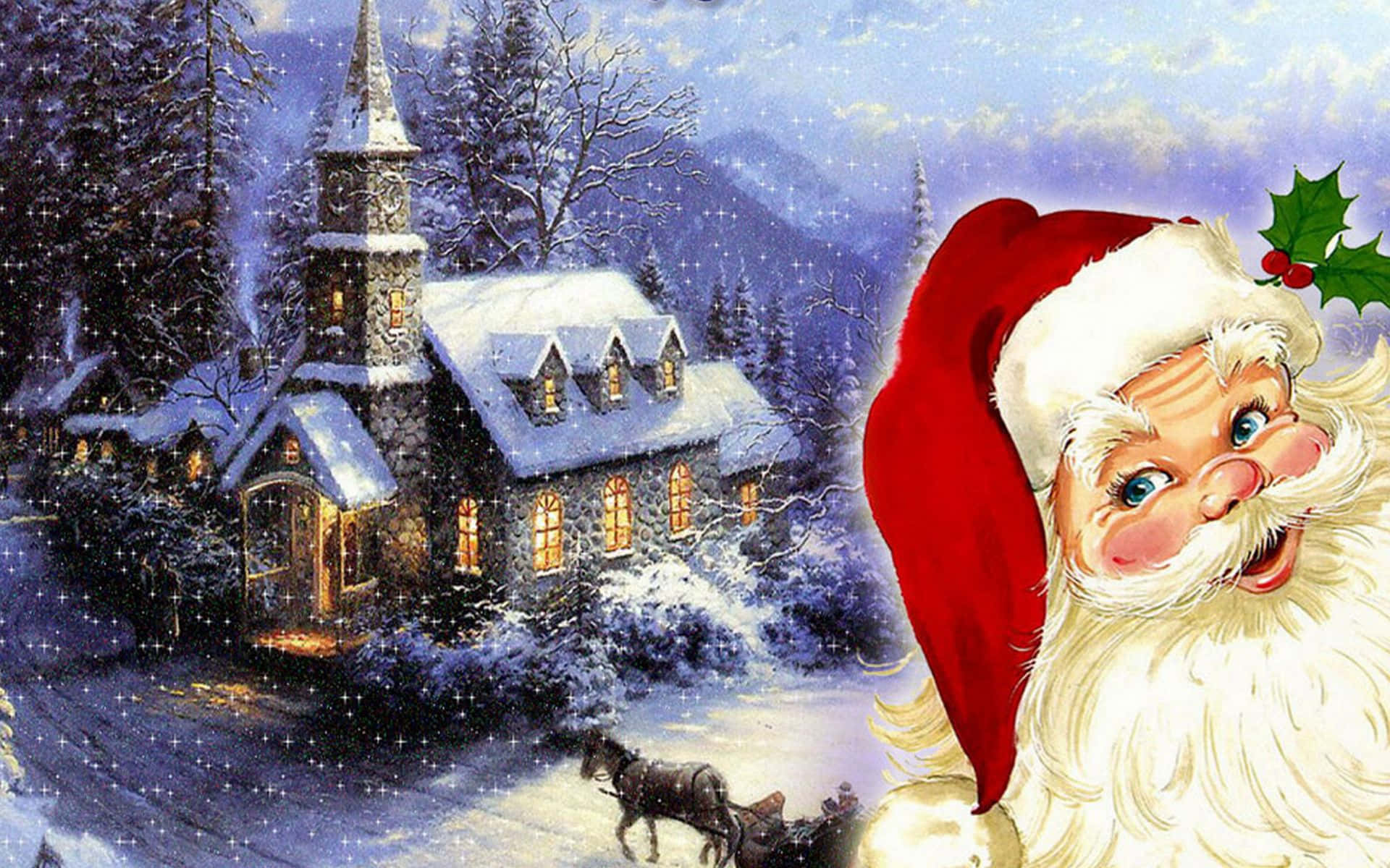 Santa Claus 桌布 壁紙 — 聖誕老人在星光閃爍的冬夜天空下，微笑地站在被雪覆蓋的教堂旁，教堂窗戶透出溫暖的光芒。