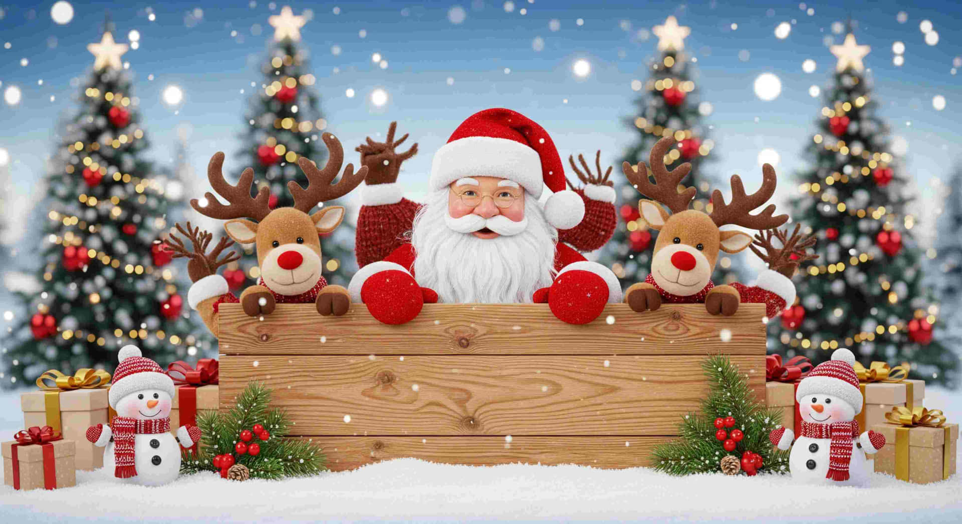 Christmas Greeting with Santa and Friends 壁紙 — 聖誕老人在木牌後面開心地揮手，兩旁有兩隻馴鹿雪人和發光的聖誕樹，雪花飄落。