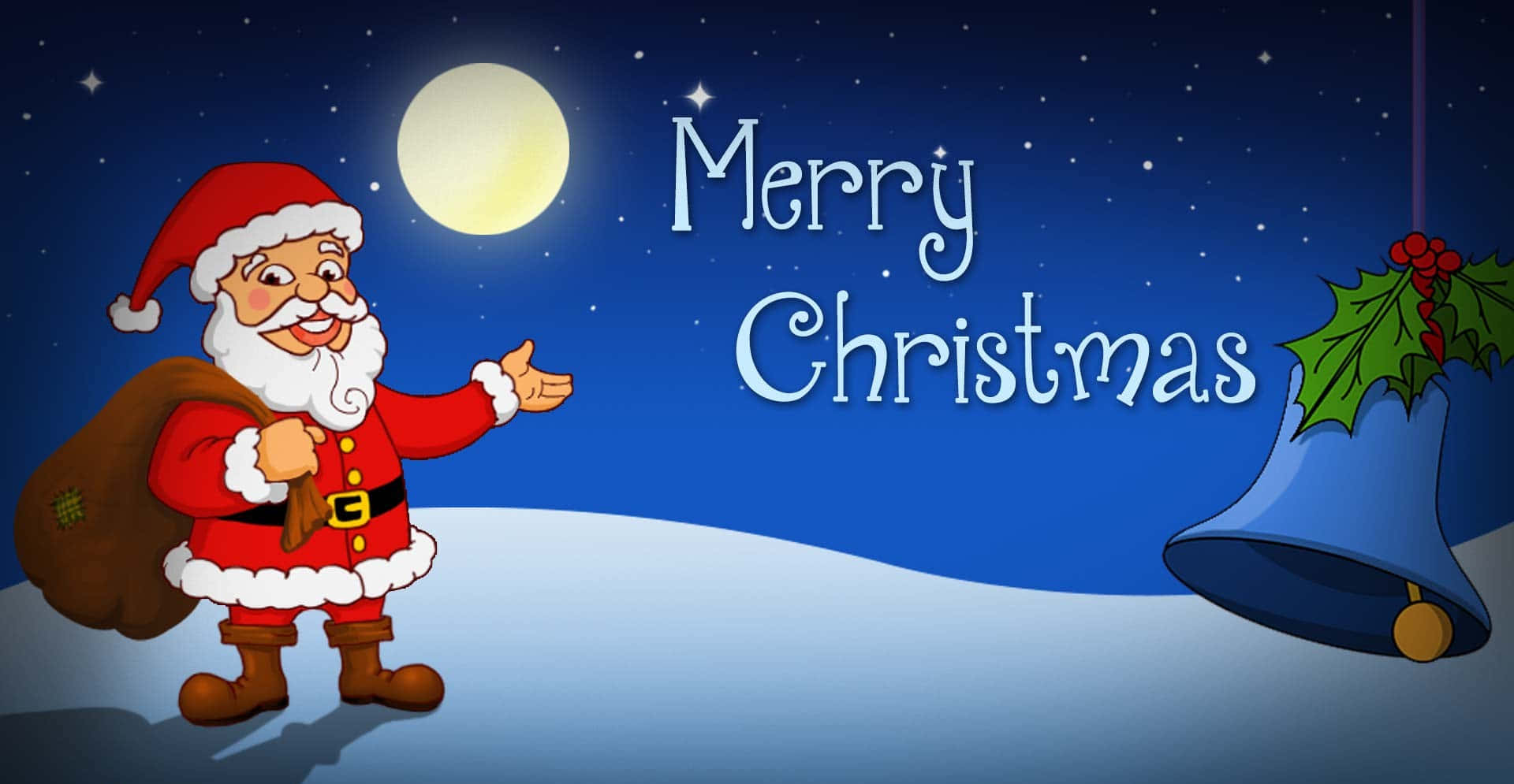 Santa 桌布 壁紙 — 聖誕老人在滿月下在一個大藍色鐘和節日文字旁邊開心地揮手。