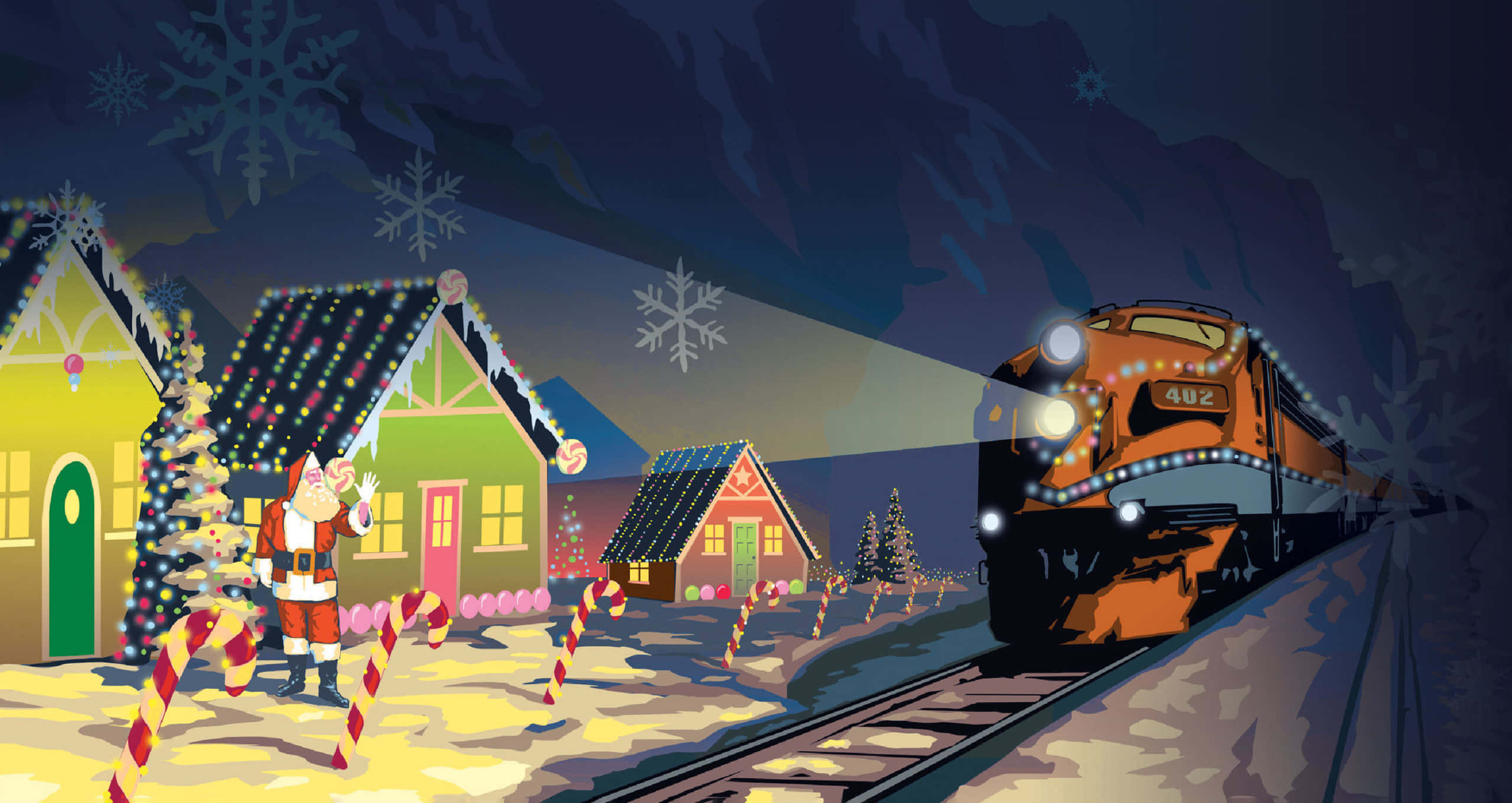 Polar Express 桌布 壁紙 — 聖誕老人在糖果杖籬笆旁邊愉快地揮手，一列節日火車在夜晚穿過白雪覆蓋的村莊駛近。