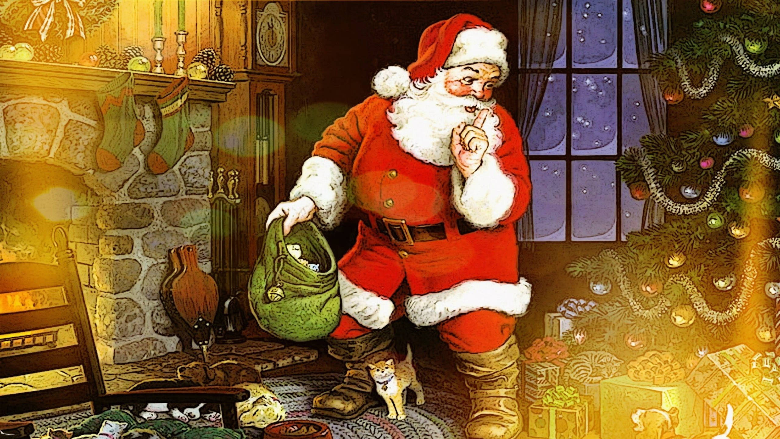 Santa Claus 桌布 壁紙 — 聖誕老人在舒適的壁爐房間裡，在雪夜天空下，拿著一袋玩具靠近裝飾好的聖誕樹。