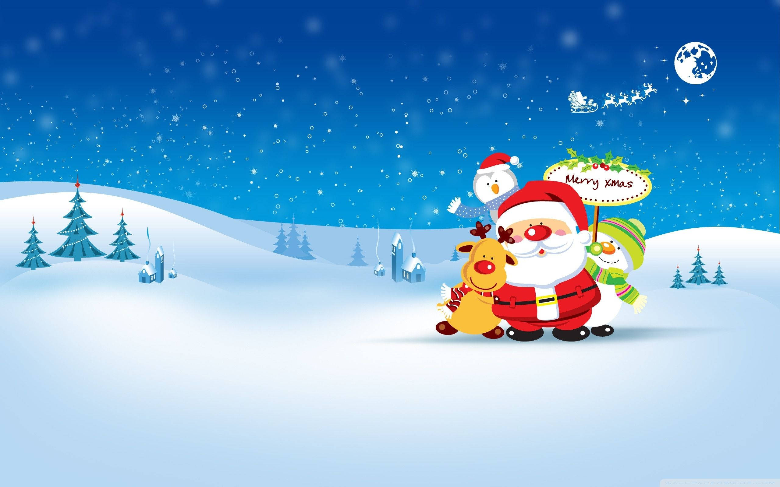 Santa Claus 桌布 壁紙 — 聖誕老人在雪人和雪花紛飛的冬夜天空旁邊擁抱一隻馴鹿，一架雪橇在頭頂飛過。