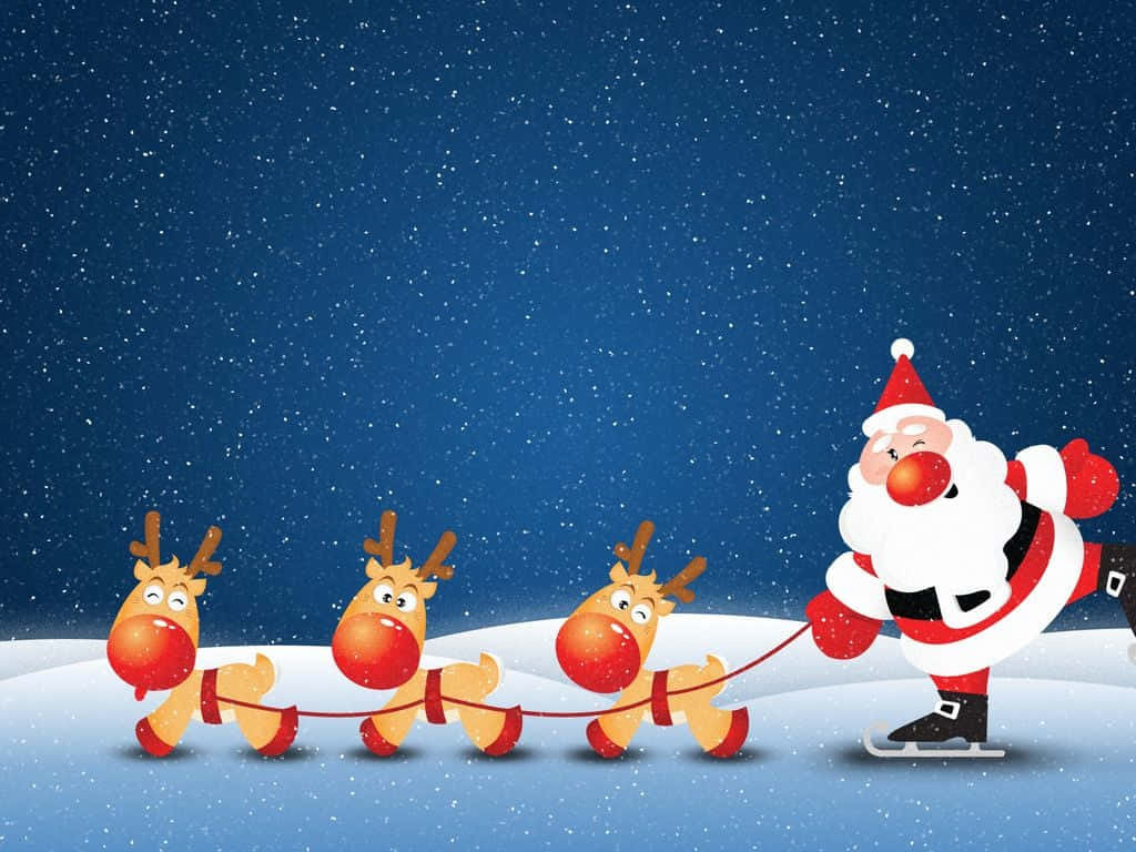 Santa Claus 桌布 壁紙 — 聖誕老人在雪夜天空下，在三個快樂的馴鹿後面在冰上滑行。