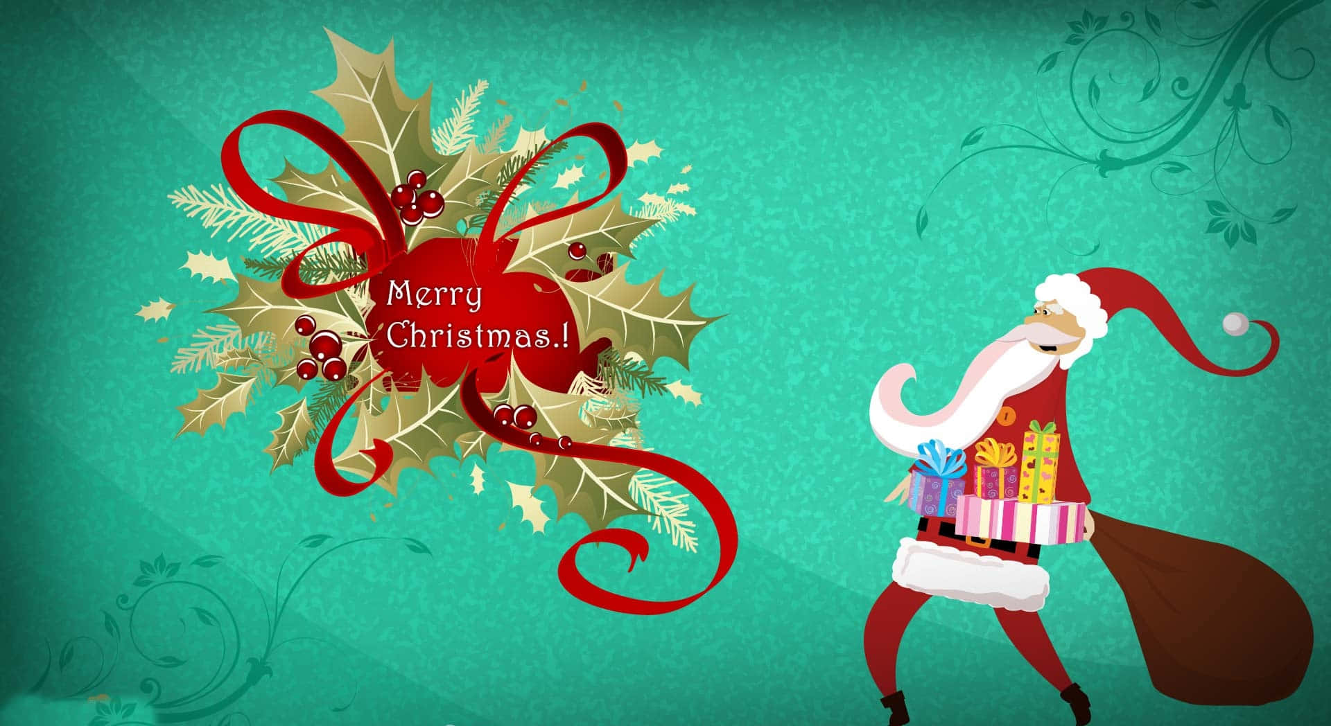 Santa Claus 桌布 壁紙 — 聖誕老人在青綠色背景上帶著禮物和一個袋子，還有冬青和一個「聖誕快樂」蝴蝶結。