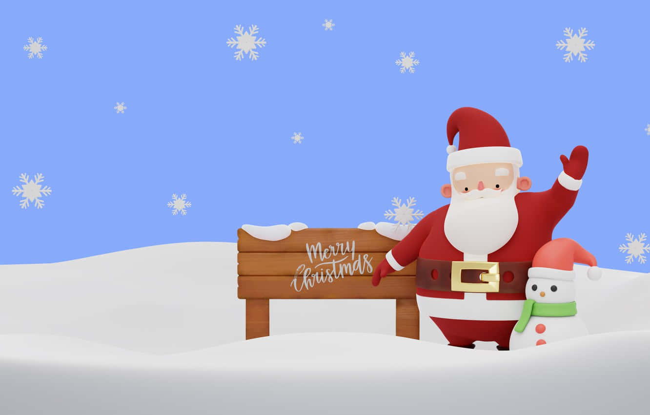 North Pole 桌布 壁紙 — 聖誕老人在飄雪的雪凳旁邊開心地揮手，凳上有 'Merry Christmas' 標誌。