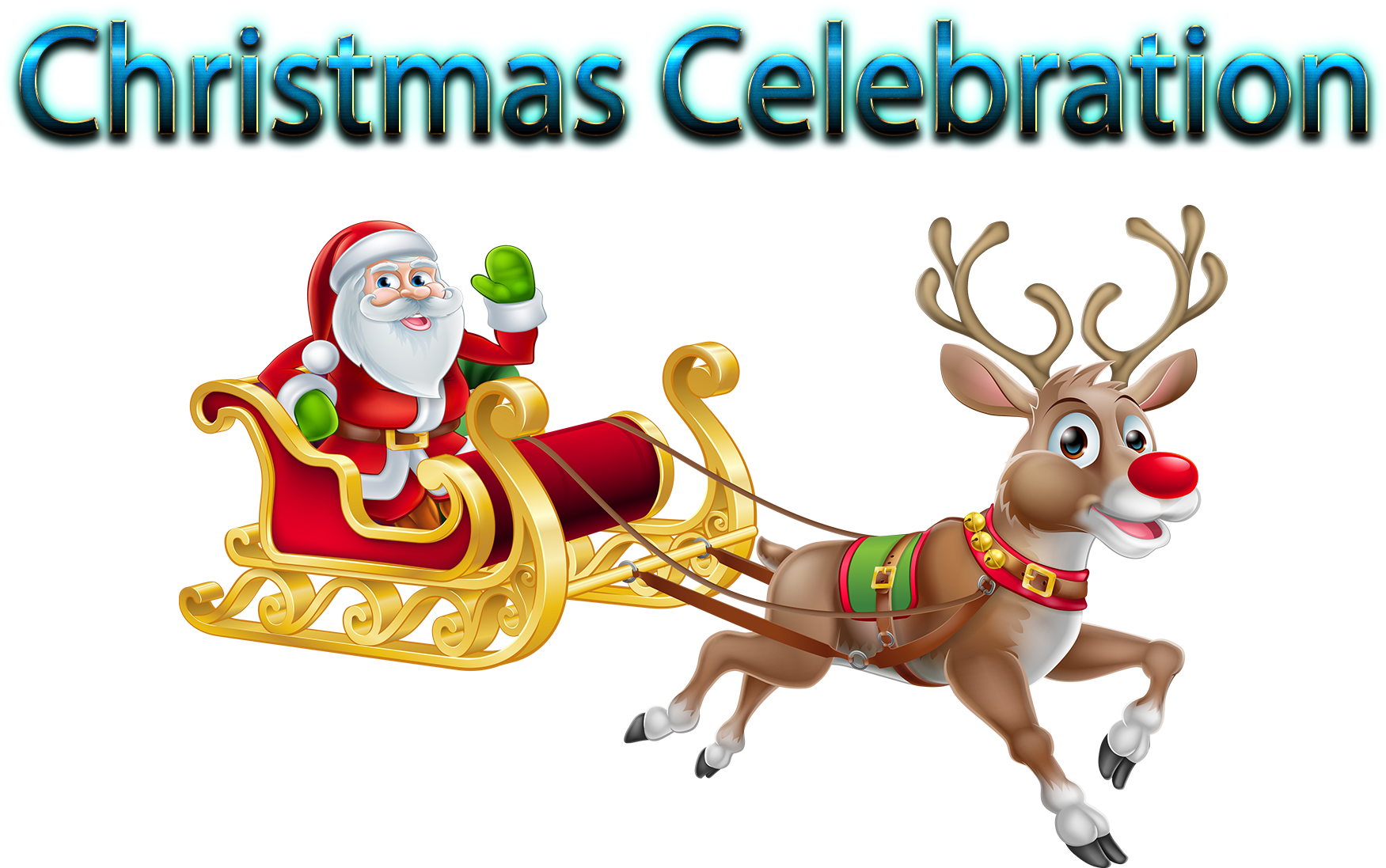 Rudolph 桌布 壁紙 — 聖誕老人在黑色背景上，由一隻紅鼻的快樂馴鹿拉著的金色雪橇上愉快地揮手。