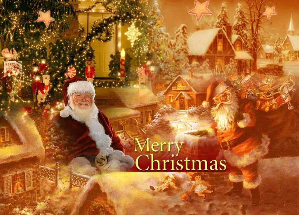Santa 桌布 壁紙 — 聖誕老人坐在一個雪村中發光的聖誕樹旁，周圍散落著節日燈光和玩具。