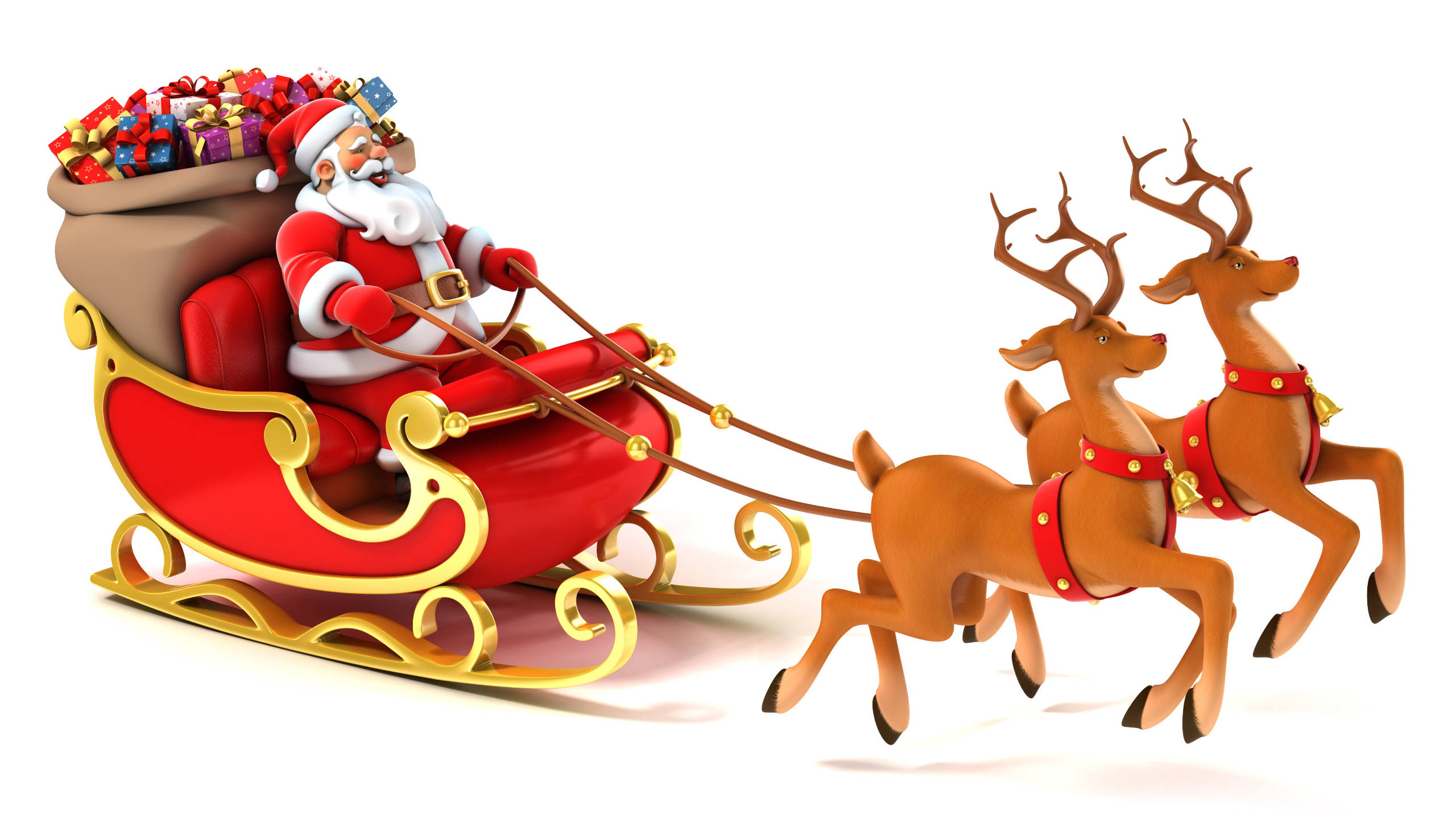 Santa Claus 桌布 壁紙 — 聖誕老人坐在由兩隻馴鹿拉著的紅色雪橇上，禮物從後面溢出。