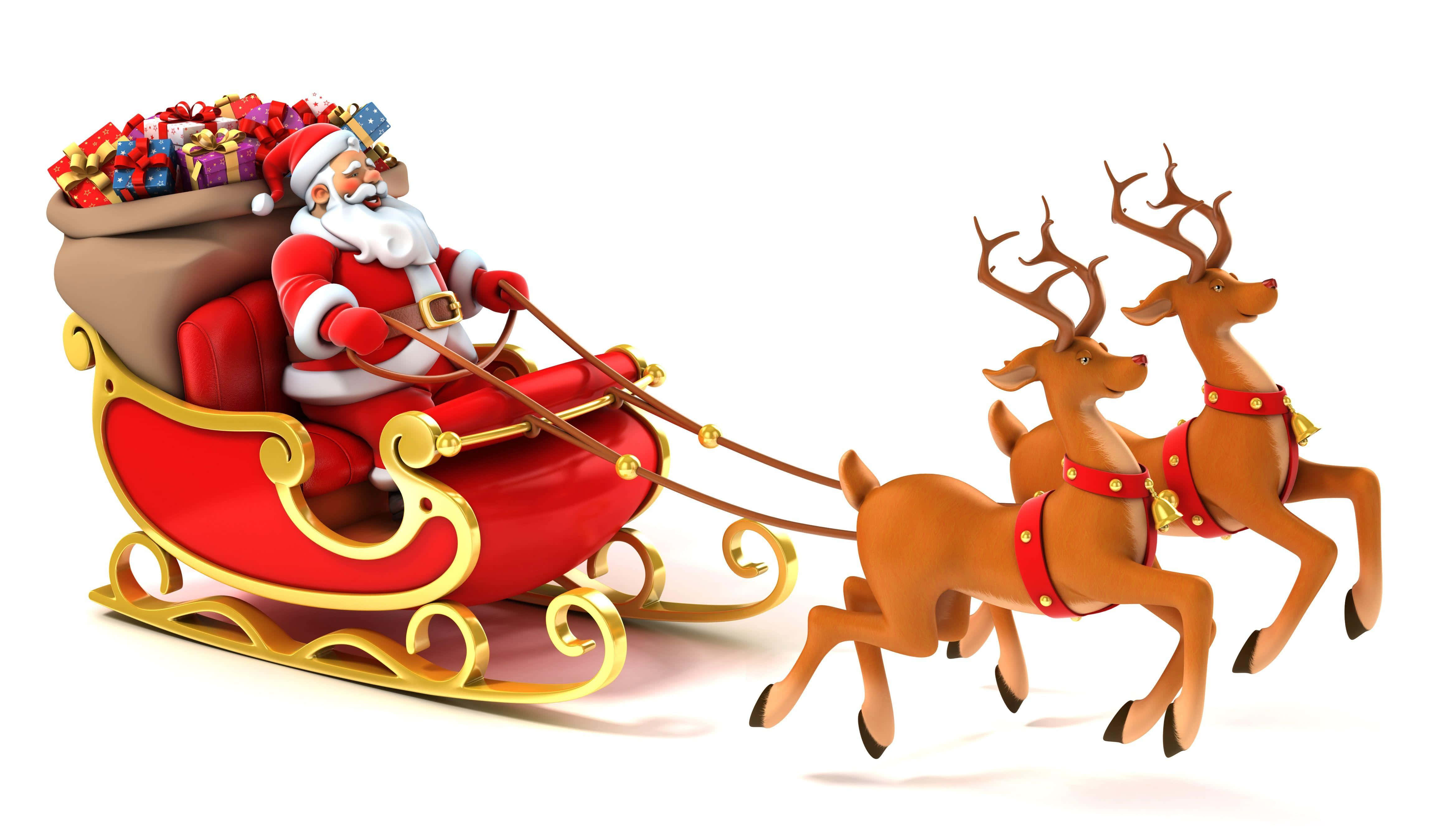 Santa Claus HD 桌布 壁紙 — 聖誕老人坐在紅色雪橇上，由兩隻馴鹿拉著，載滿色彩繽紛的禮物，背景為白色。