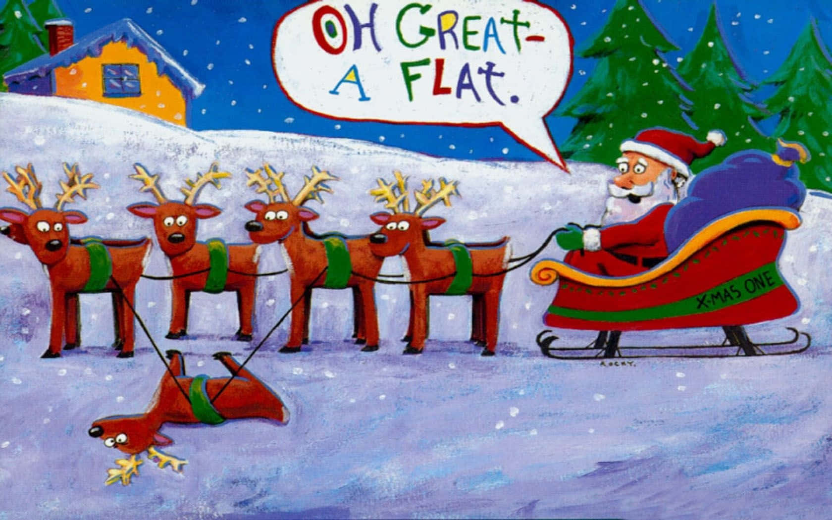 Santa Claus 桌布 壁紙 — 聖誕老人坐在紅色雪橇上，由馴鹿拉著，在藍天飄雪下拖著一隻扁平的馴鹿越過雪山。